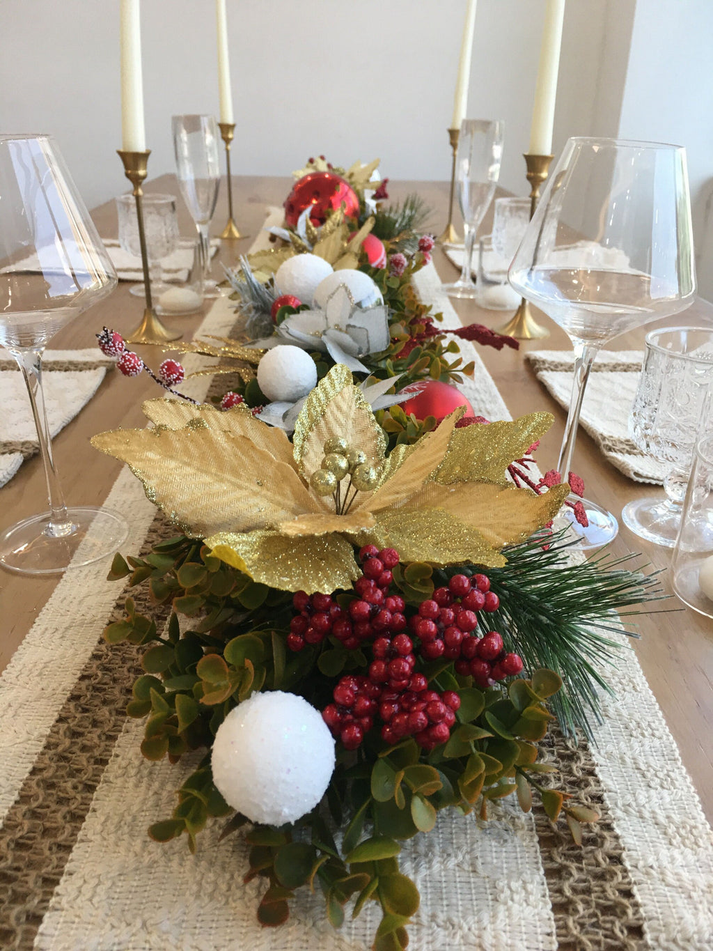 6FT Christmas Garland with Gold Poinsettias, Red Balls, Snow Balls, and Berries