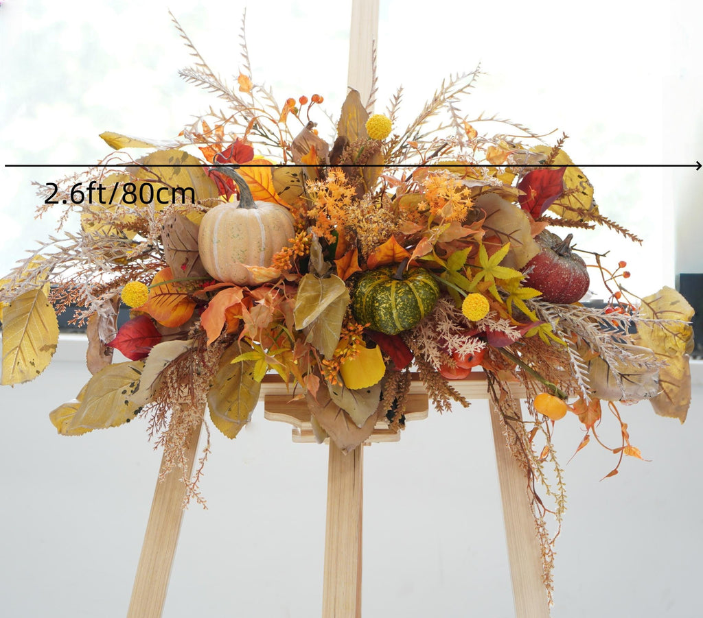 Autumn Harvest Pumpkin Centerpiece – Faux Fall Floral Table Garland with Gourds, Leaves & Rustic Accents