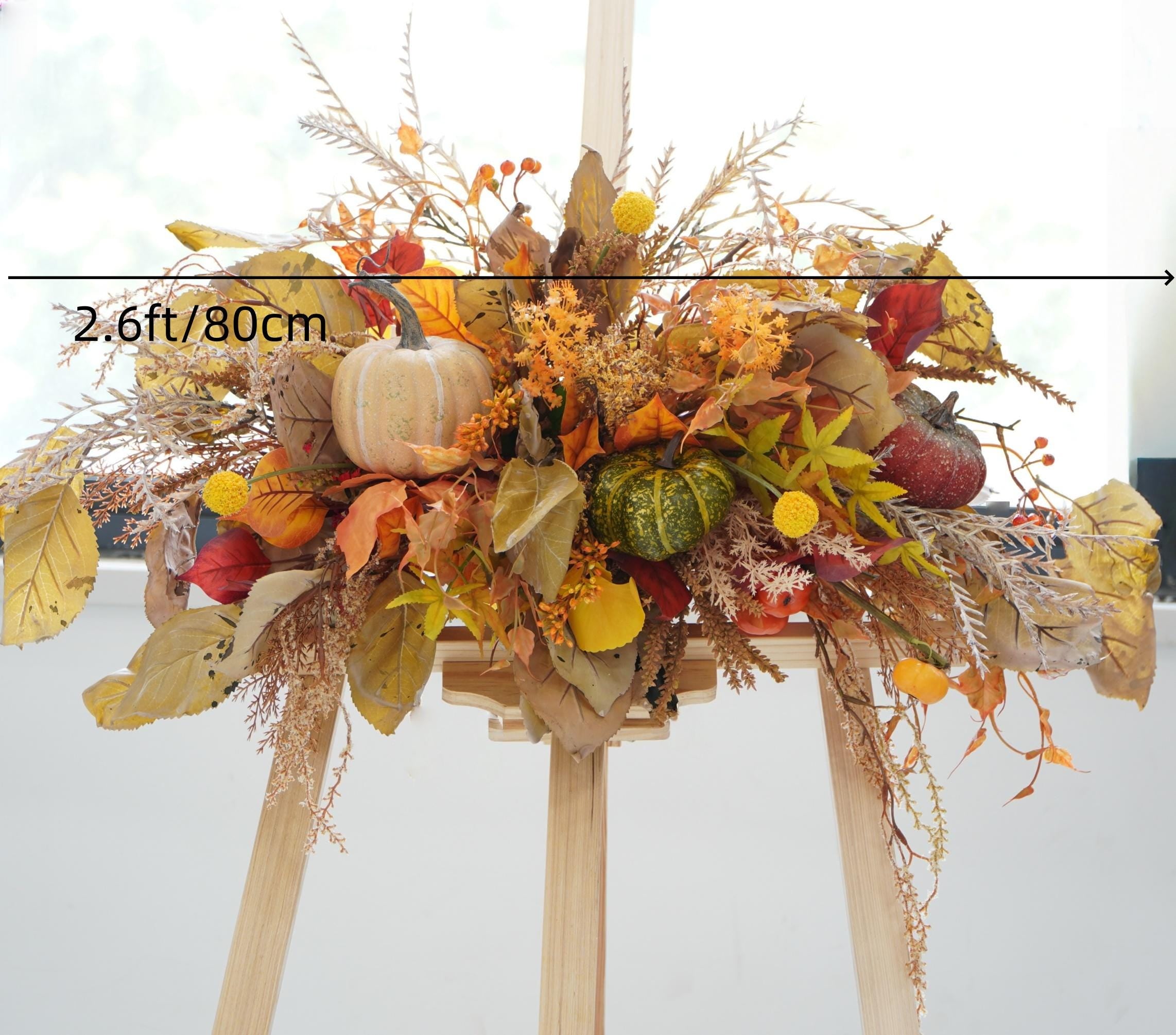 Autumn Harvest Pumpkin Centerpiece – Faux Fall Floral Table Garland with Gourds, Leaves & Rustic Accents