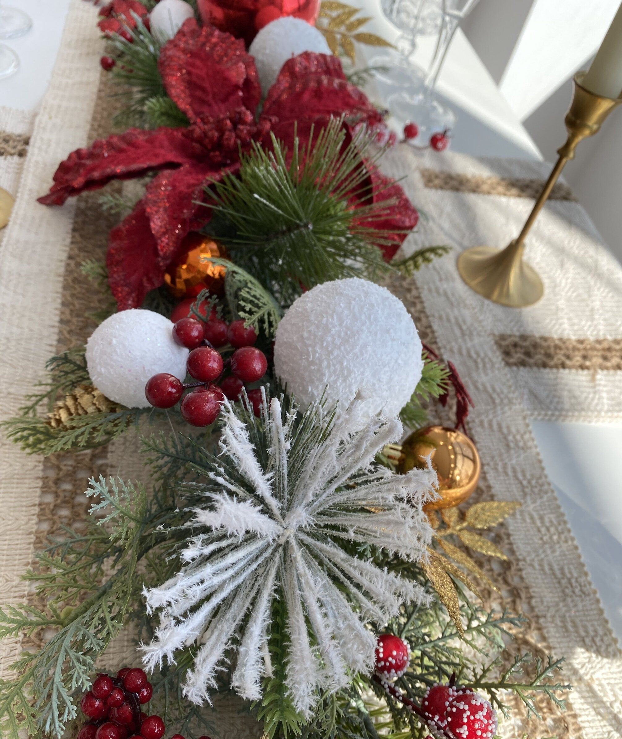 4.5FT Snow Kissed Christmas Garland and Matching Wreath with Red Poinsettias,Holly Berries and Snow Balls