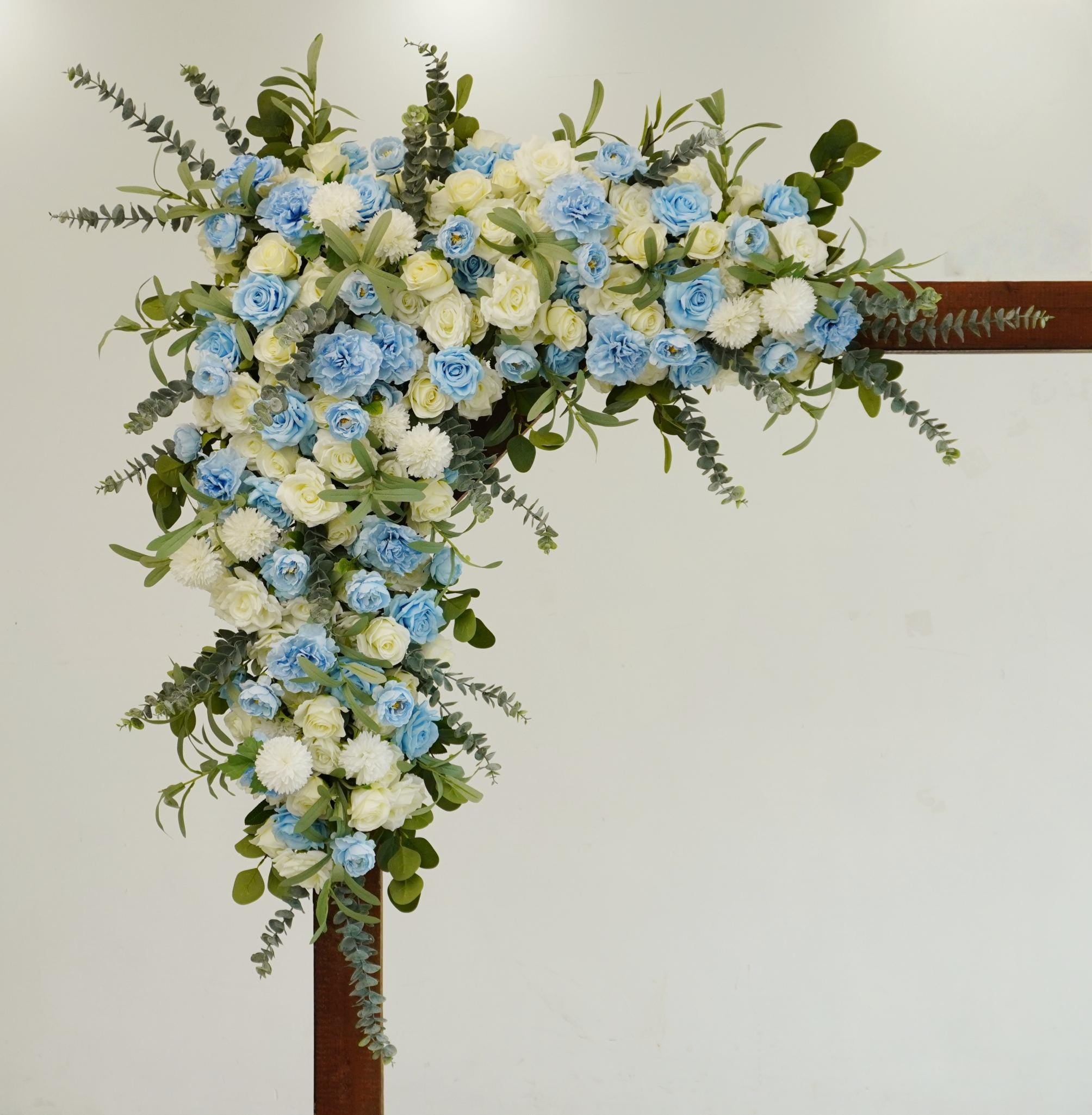 Floral Arch Arrangement for Frame and Event Backdrop Featuring White, Light Blue, and Greenery