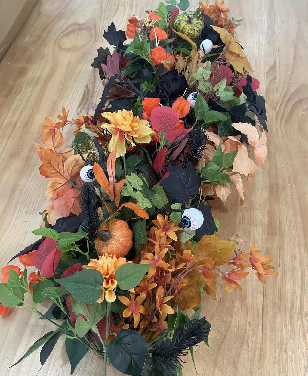 Autumn Halloween Floral Centerpiece – Orange, Burgundy, Green, Black with Pumpkins and Leaves