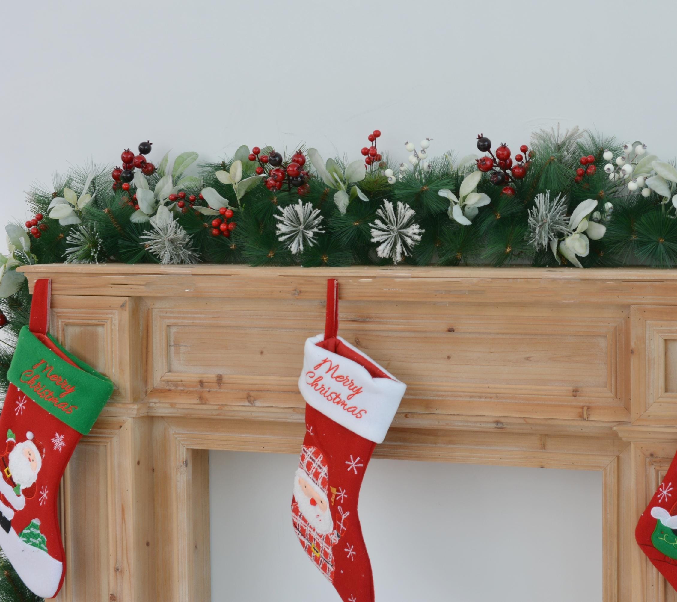9FT Christmas Fireplace Garland with Greenery and Frosted Pine Accents, Holiday Mantel Decoration