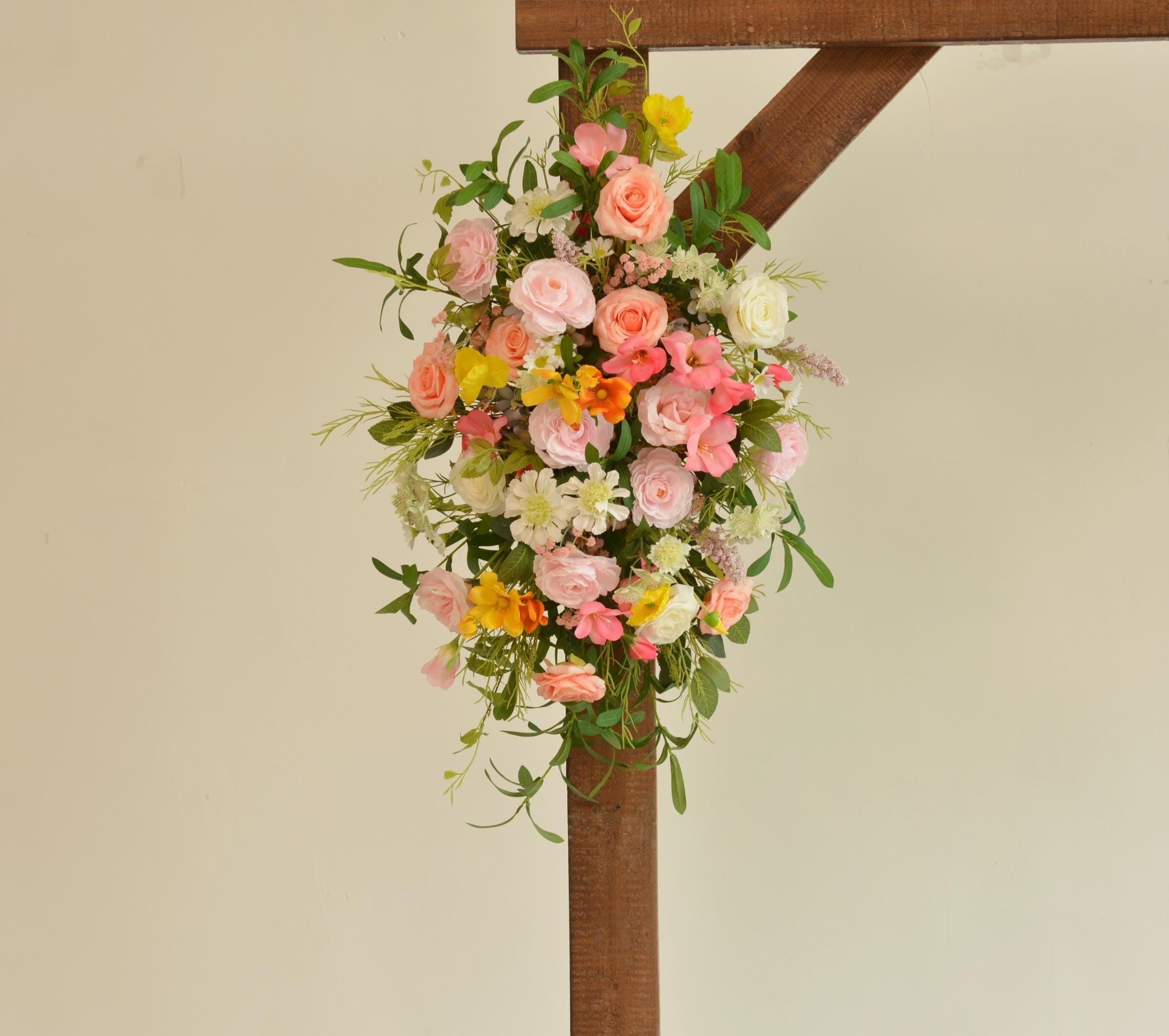 Artificial Floral Wedding Arch Ceremony Backdrop Rose Arrangement in Pink, White, and Yellow