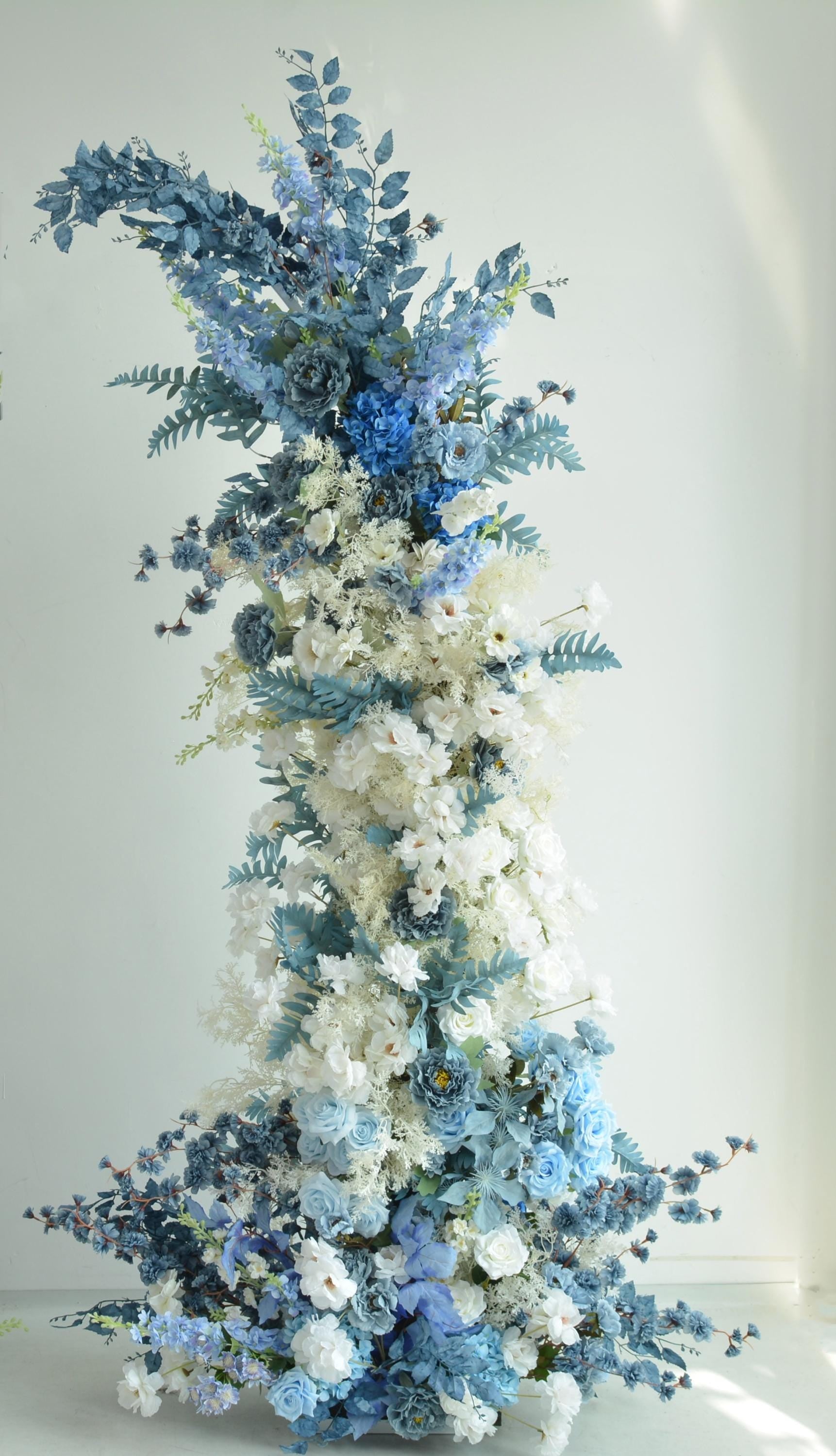 Blue and White Wedding Flower Arrangement with Greenery for Horn Arch
