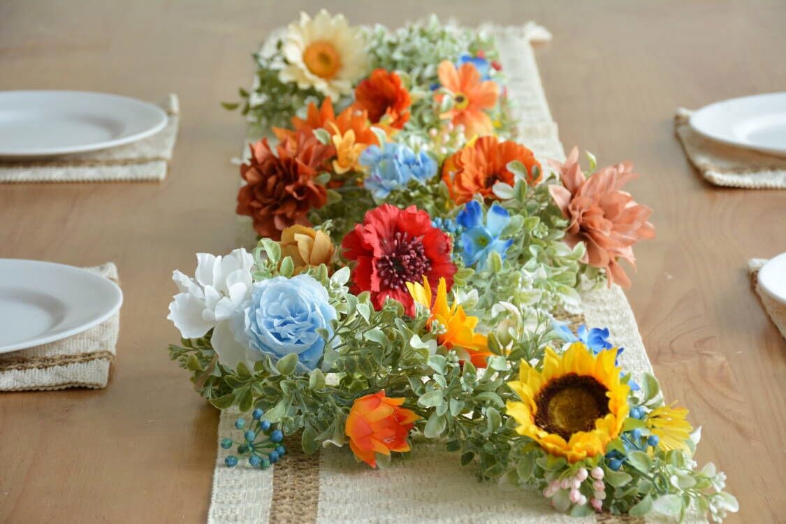 Eucalyptus Garland with Colorful Flowers: Summer Table Runner