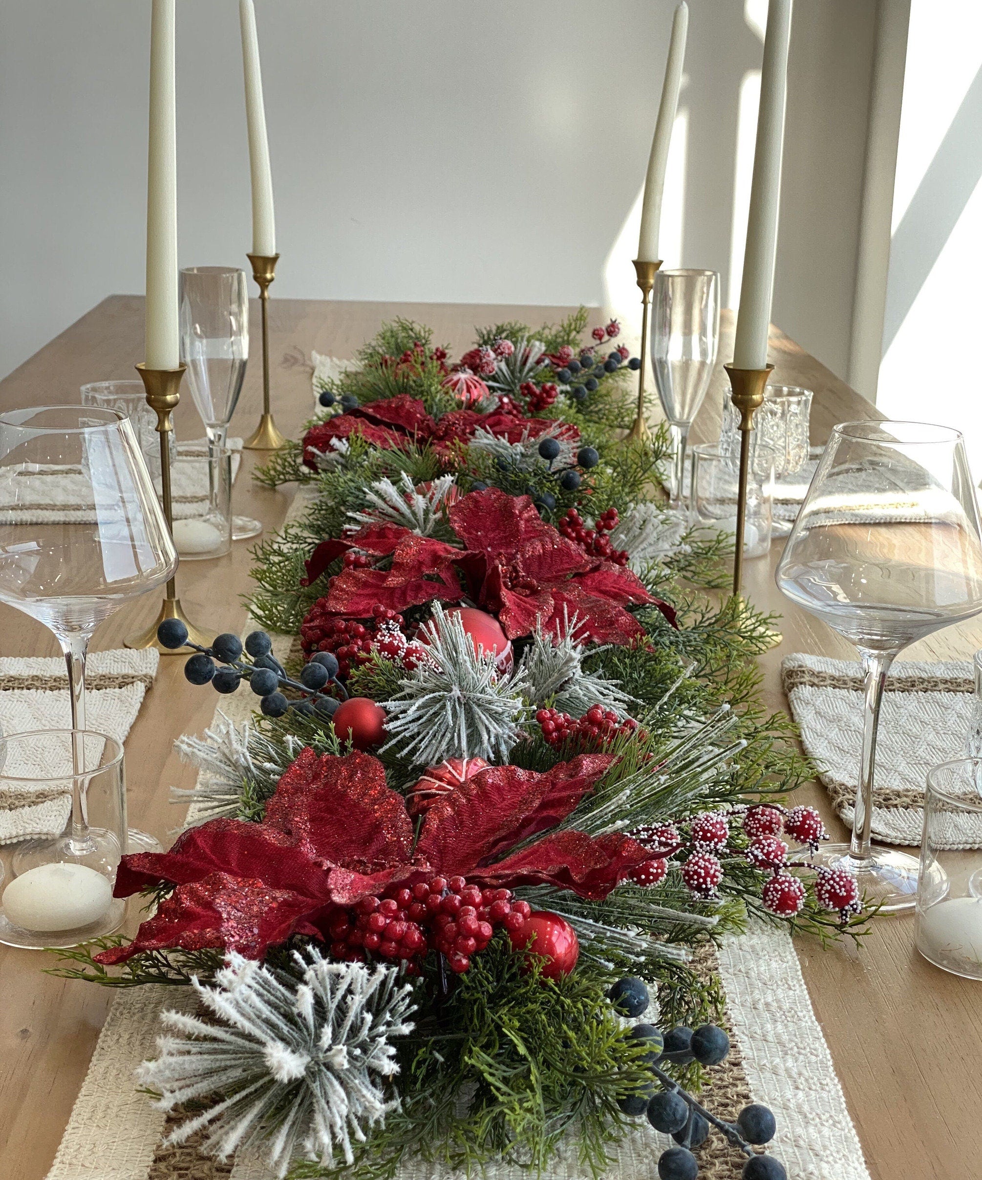 6.5FT Snow-Kissed Christmas Garland with Red Poinsettias, Red Balls, and Berries.