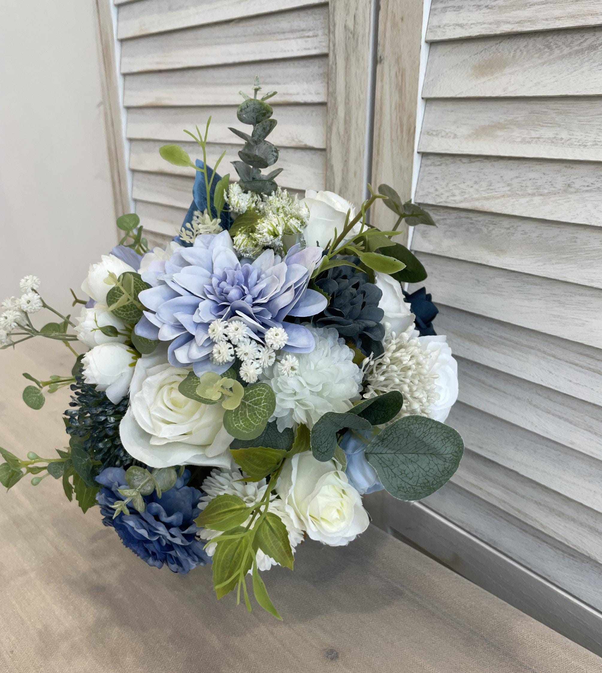 Elegant Bridal Bouquet Silk Flower Arrangement Wedding Bouquet Dusty Blue and White