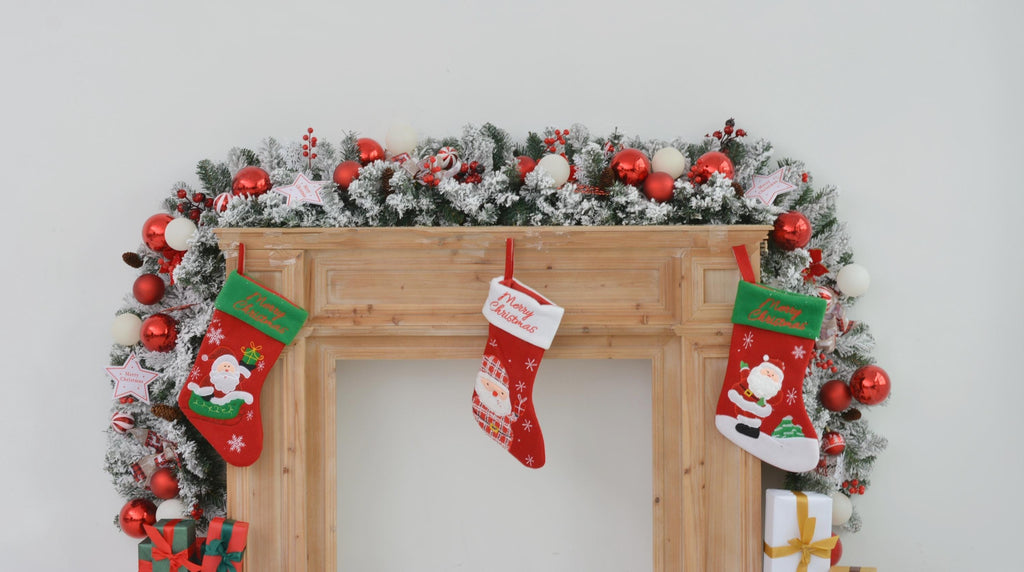9FT Christmas Fireplace Garland with Red and White Ornaments and Frosted Greenery