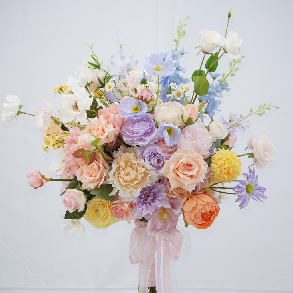Bridal Bouquet with Mixed Garden Flowers Faux Wedding Bouquet in Pastel Peach, Lavender & Yellow