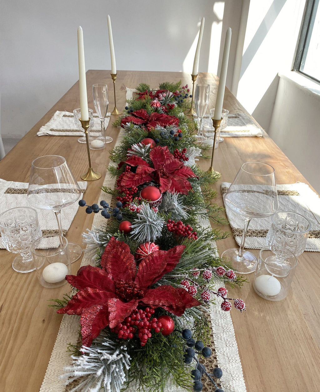 6.5FT Snow-Kissed Christmas Garland with Red Poinsettias, Red Balls, and Berries.