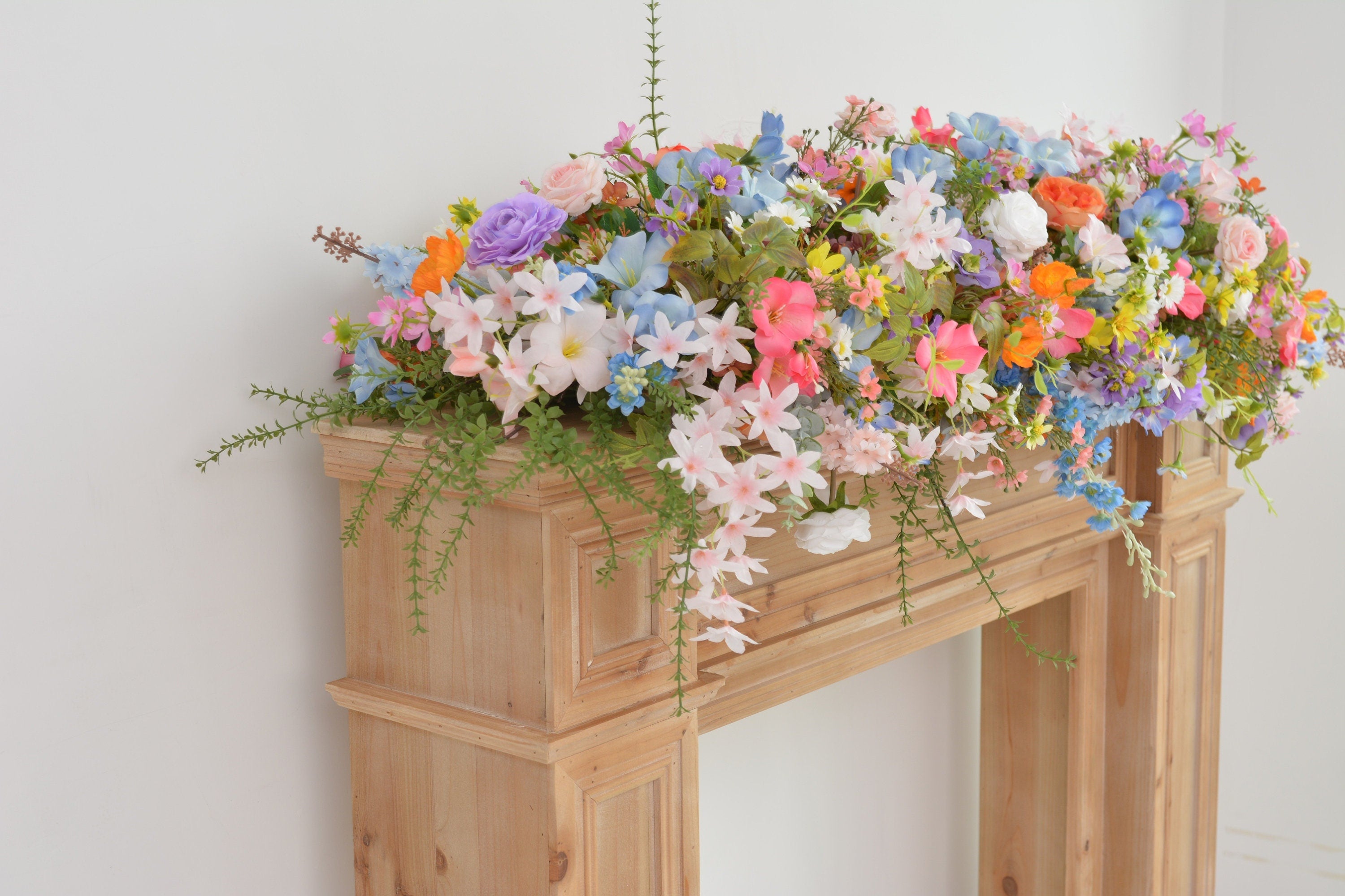 Pastel Wildflower Mantel & Floor Arrangement: Soft Pink, Peach, Lavender Decor