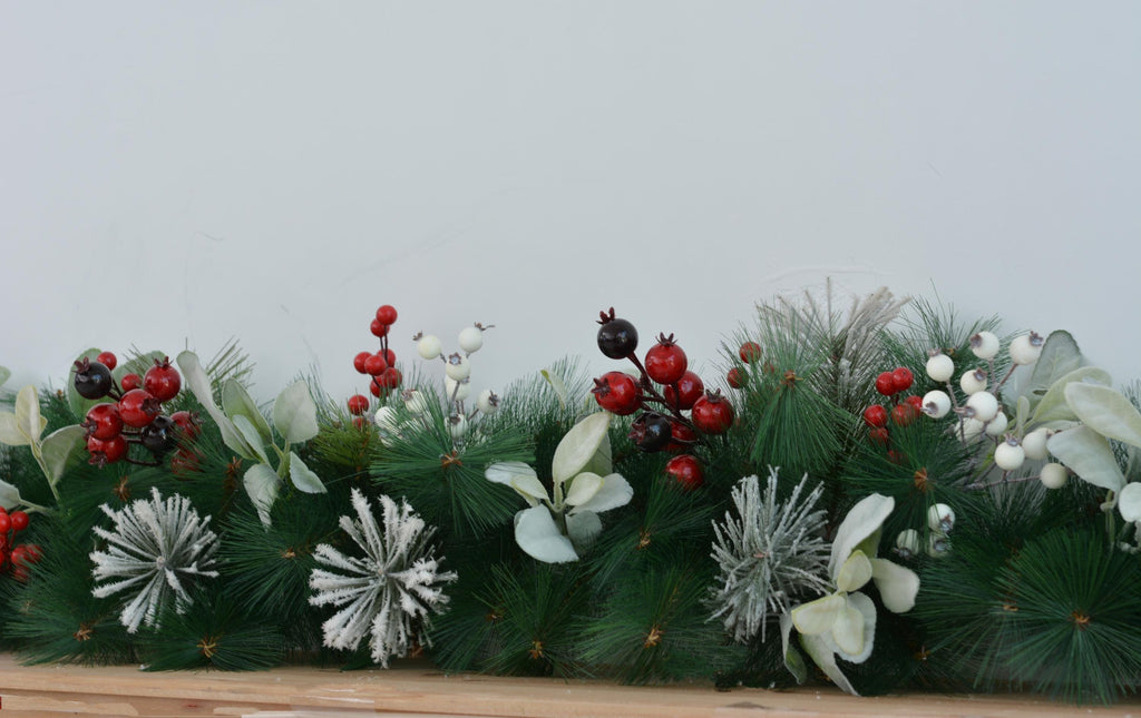 9FT Christmas Fireplace Garland with Greenery and Frosted Pine Accents, Holiday Mantel Decoration
