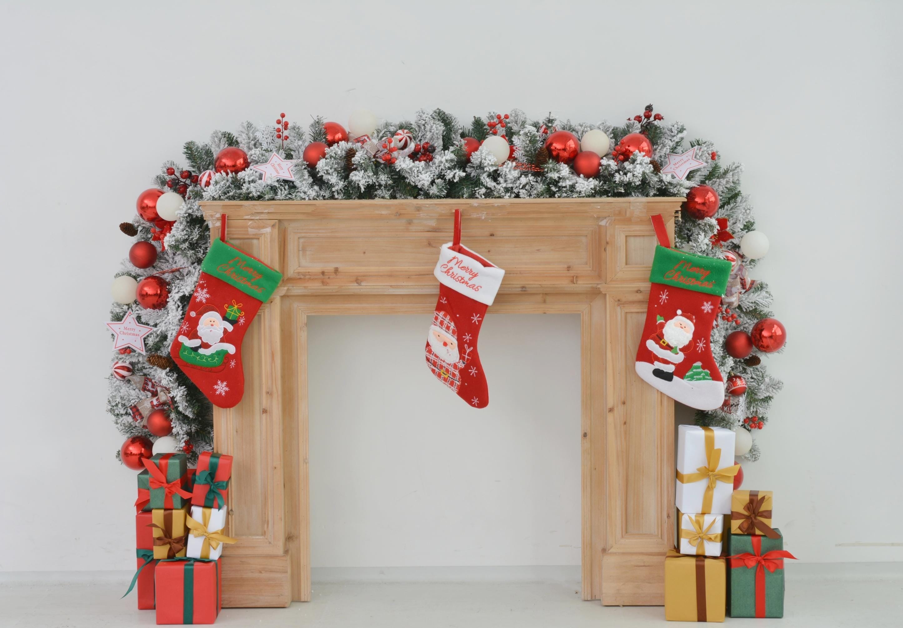 9FT Christmas Fireplace Garland with Red and White Ornaments and Frosted Greenery