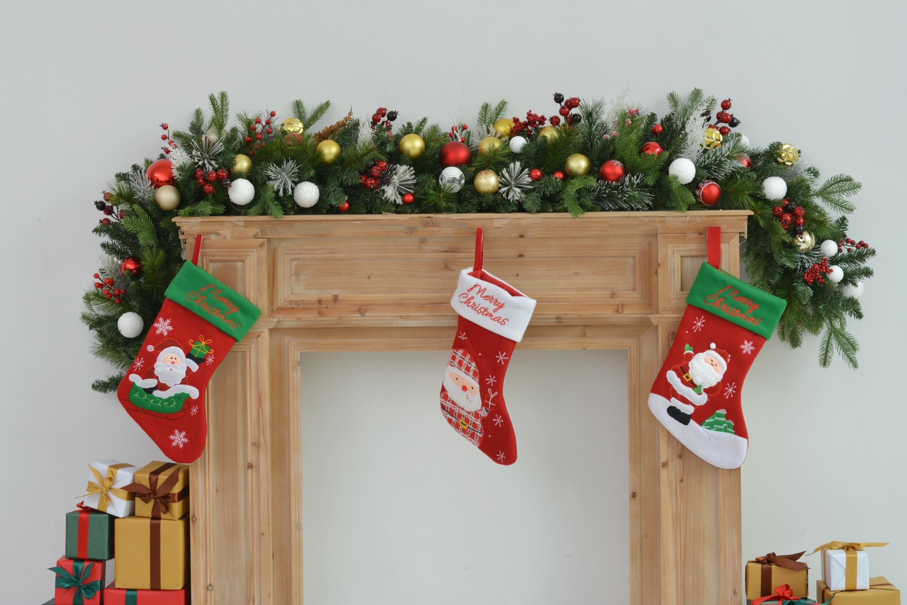 6FT Lush Christmas Mantel Garland with Red, Gold, and White Ornaments  Ideal for Mantel and Holiday Displays