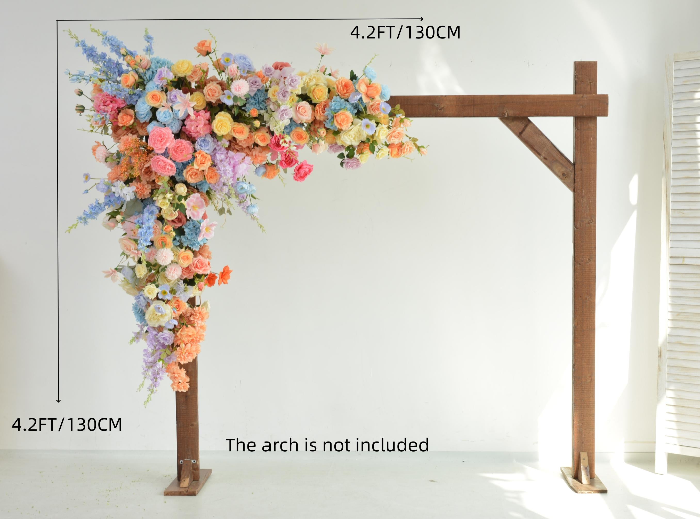 Pastel Wedding Arch Flower Arrangement with Soft Peach, Blush Pink, Baby Blue, and Lavender