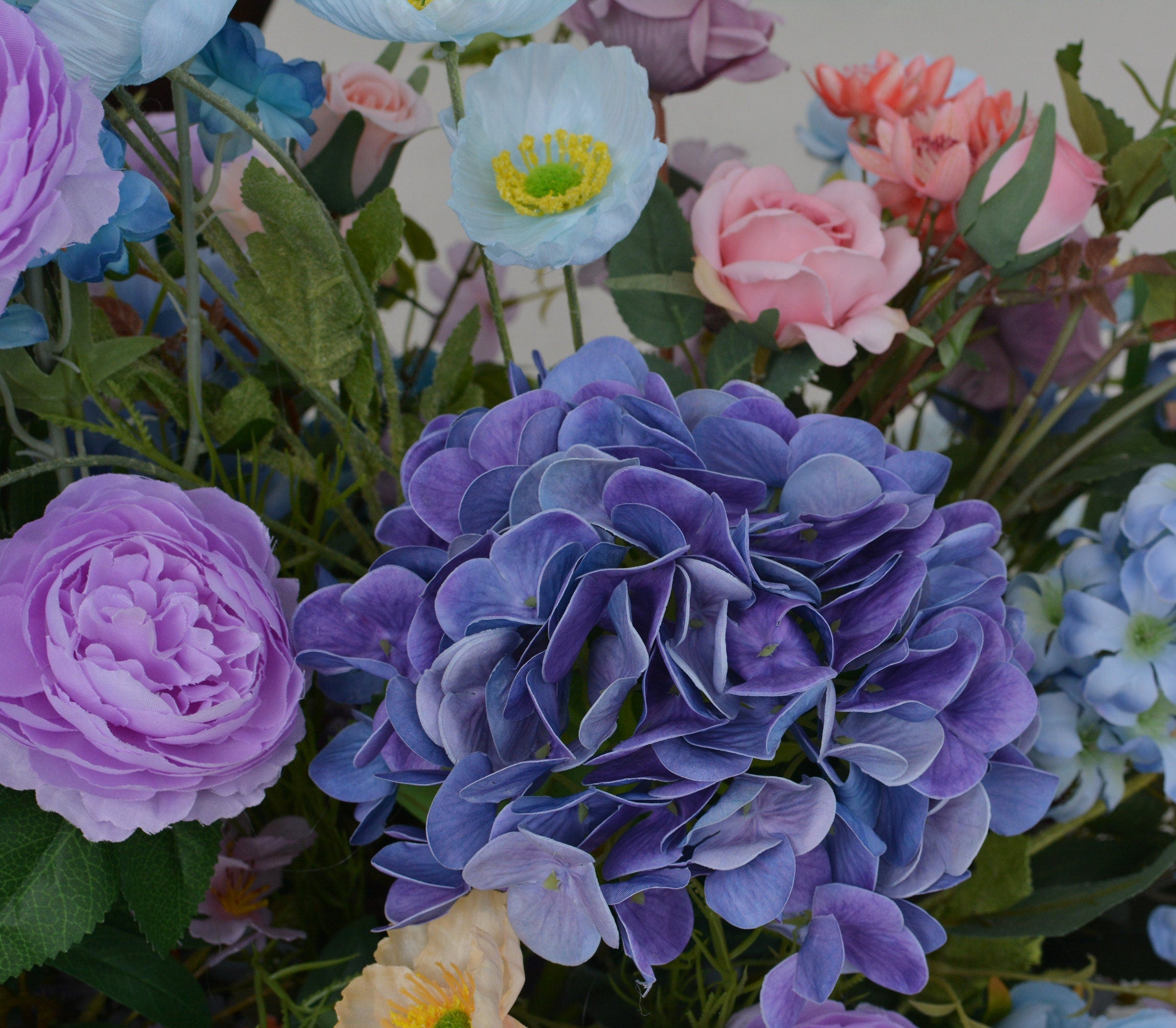 Artificial Wedding Flower Arrangements for Arch in Shades of Blue, Purple, and Dusty Pink