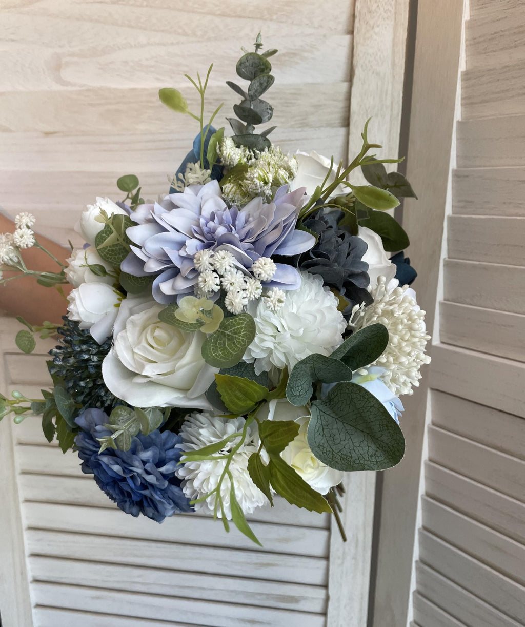 Elegant Bridal Bouquet Silk Flower Arrangement Wedding Bouquet Dusty Blue and White