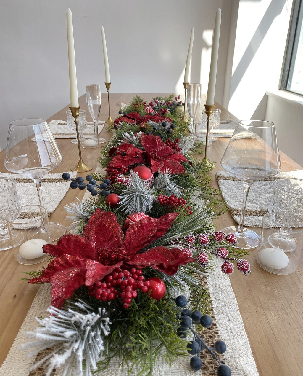 6.5FT Snow-Kissed Christmas Garland with Red Poinsettias, Red Balls, and Berries.