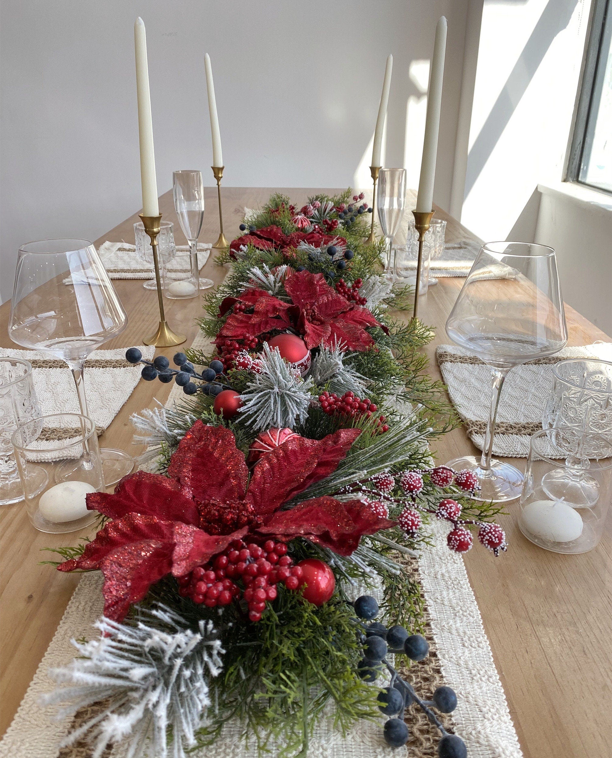 6.5FT Snow-Kissed Christmas Garland with Red Poinsettias, Red Balls, and Berries.
