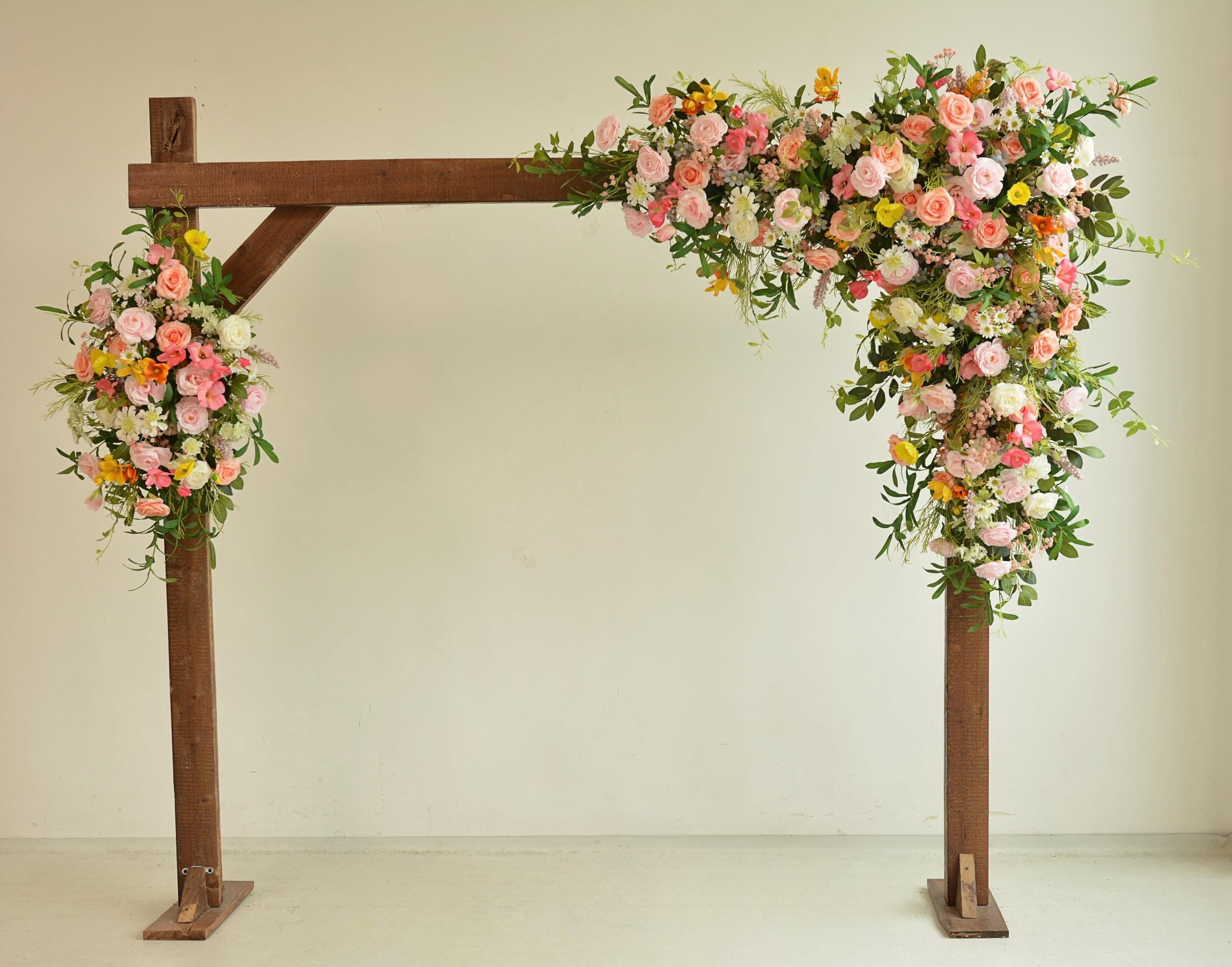 Artificial Floral Wedding Arch Ceremony Backdrop Rose Arrangement in Pink, White, and Yellow
