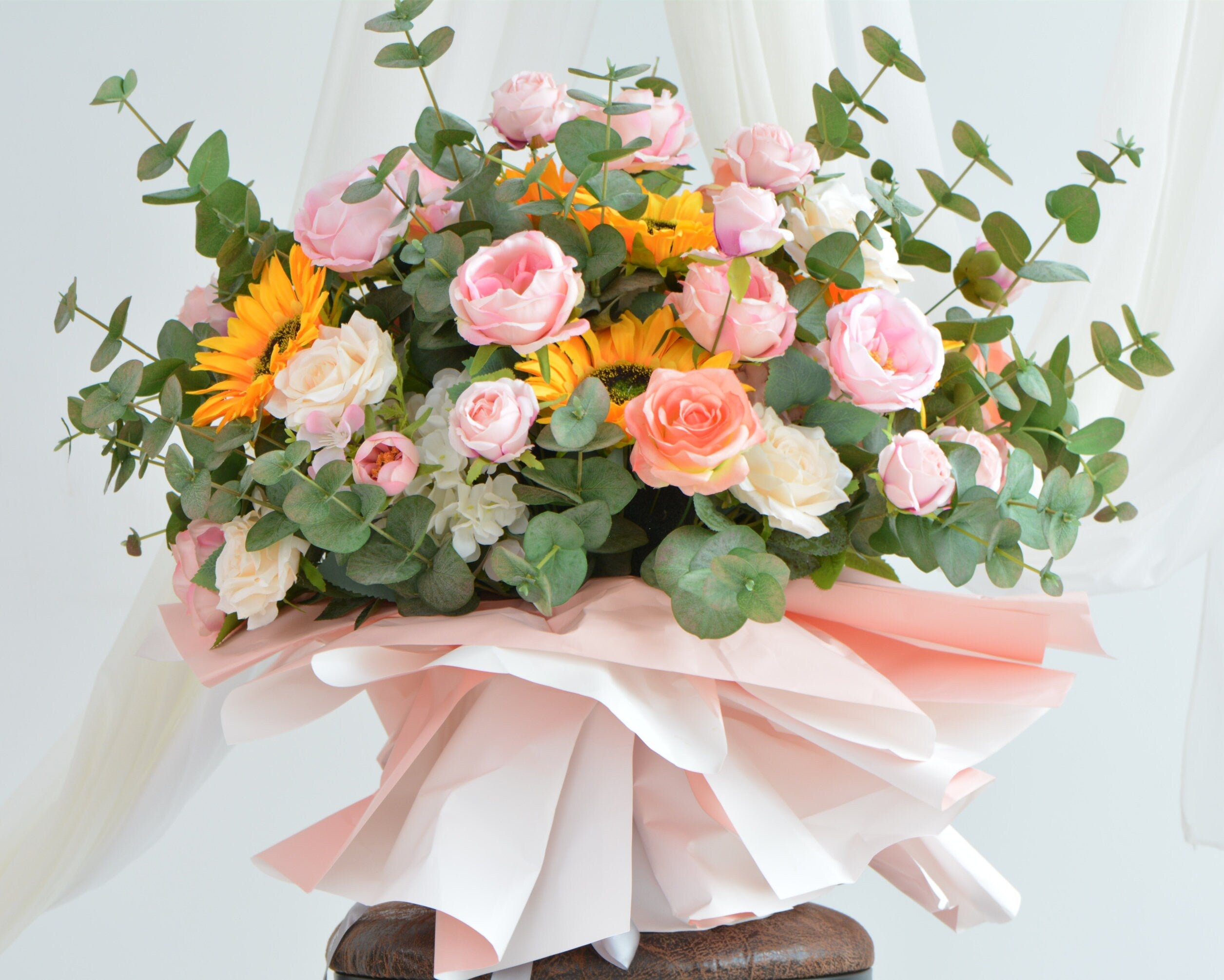 Arch Flower Arrangements with Sunflowers,Roses and Eucalyptus Wedding Flower Swag in Pink, Champagne, Ivory