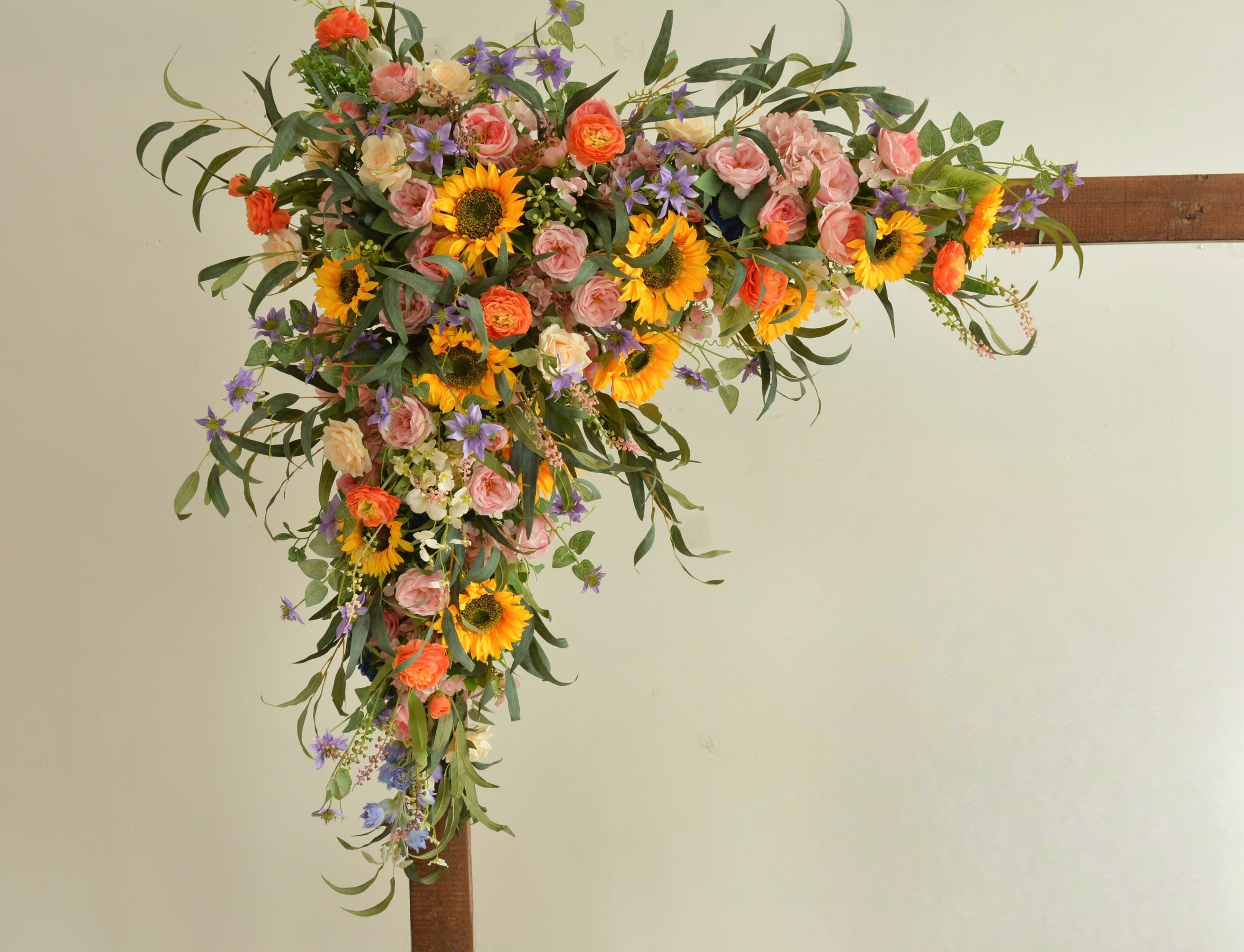 Arch Flower Arrangements with Sunflowers,Roses and Eucalyptus Wedding Flower Swag in Pink, Champagne, Ivory