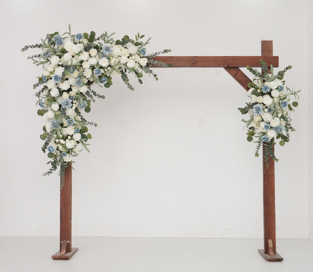 Floral Arch Arrangement for Frame and Event Backdrop Featuring White, Light Blue, and Greenery