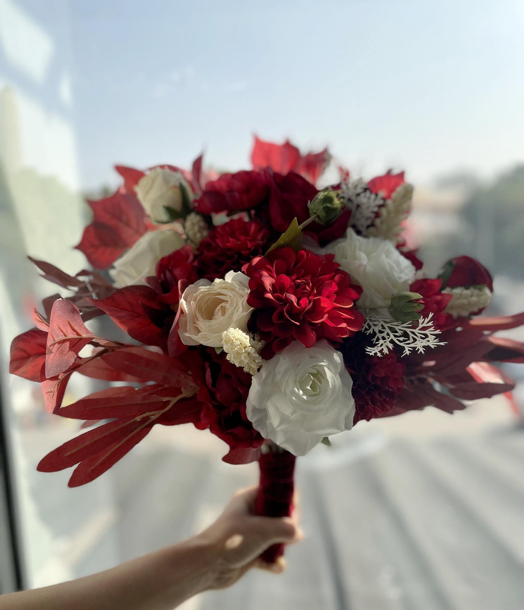 Elegant Bridal Bouquet With Red, White, and Champagne Floral Arrangement Wedding Flowers