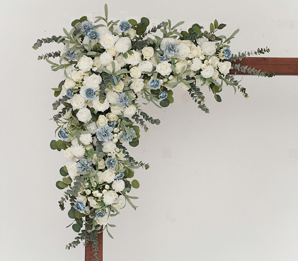 Floral Arch Arrangement for Frame and Event Backdrop Featuring White, Light Blue, and Greenery