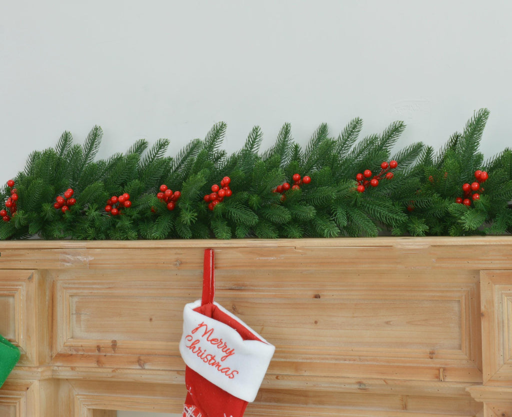 9FT Christmas Fireplace Garland with Greenery and Berries, Holiday Mantel Decor