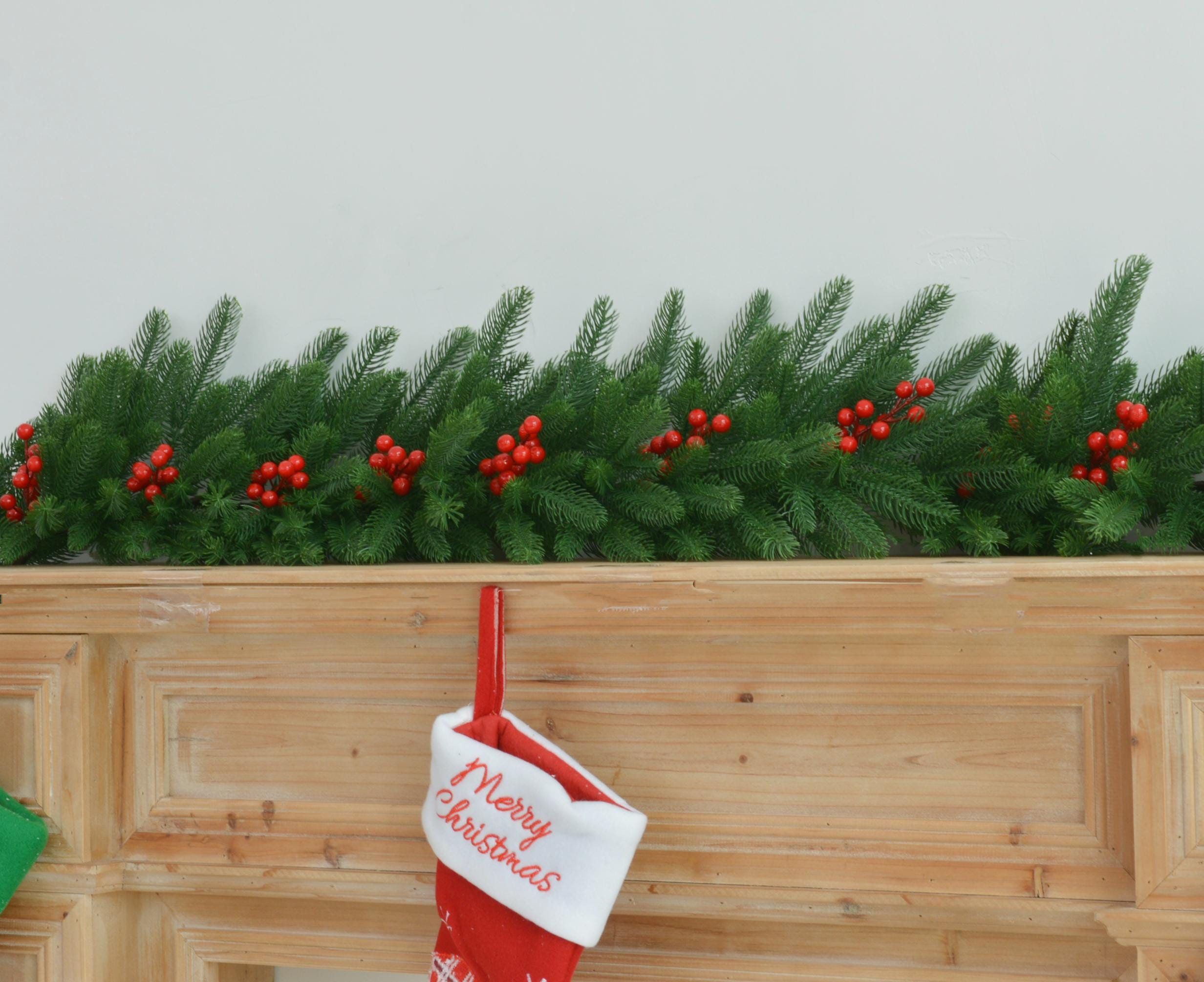 9FT Christmas Fireplace Garland with Greenery and Berries, Holiday Mantel Decor