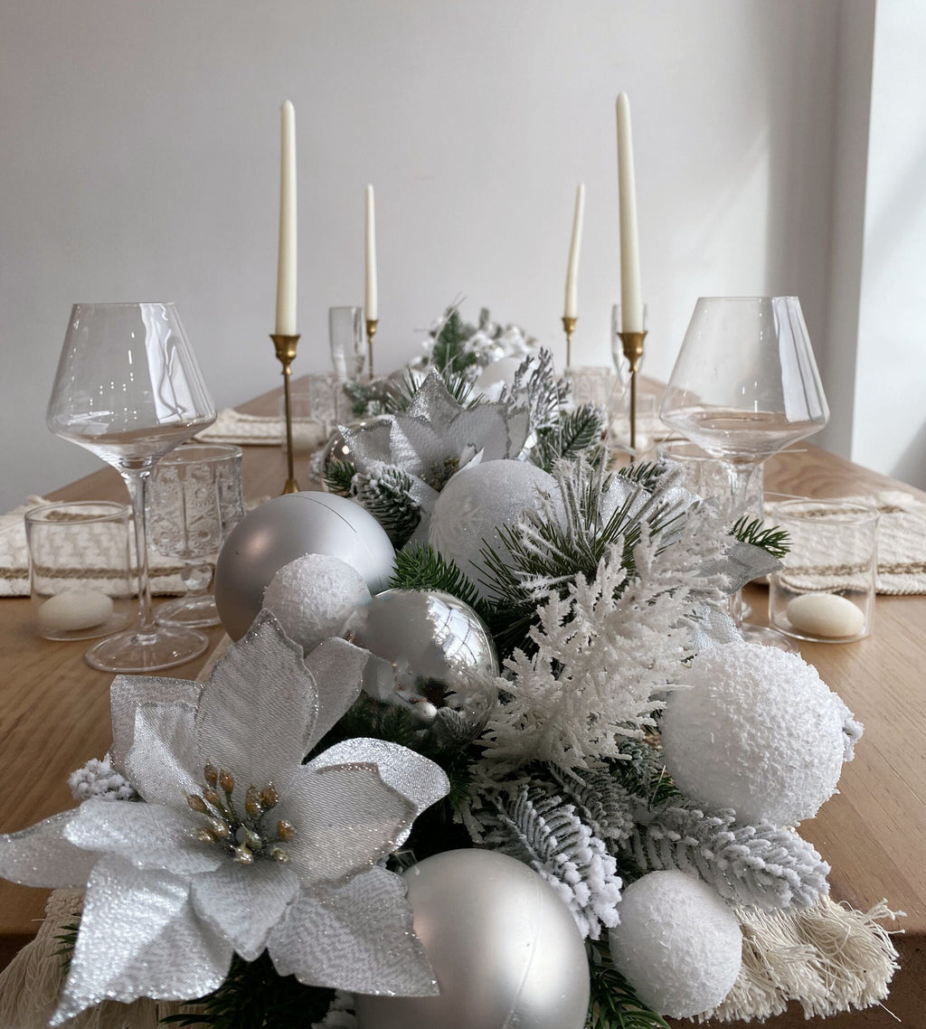 9FT Frosted Christmas Garland with Lights in Silver and White with Poinsettias,Snow Balls,Silver Balls and Leaves,Grass
