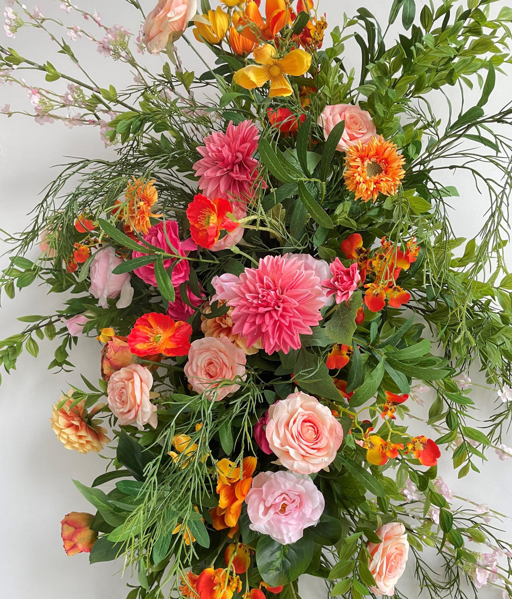 Fall Wedding Arch Arrangement: Orange, Pink Flowers & Greenery
