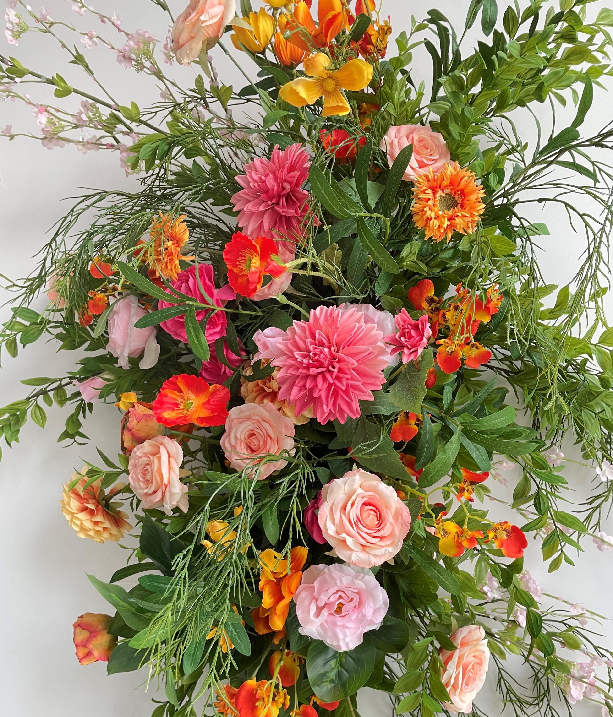 Fall Wedding Arch Arrangement: Orange, Pink Flowers & Greenery
