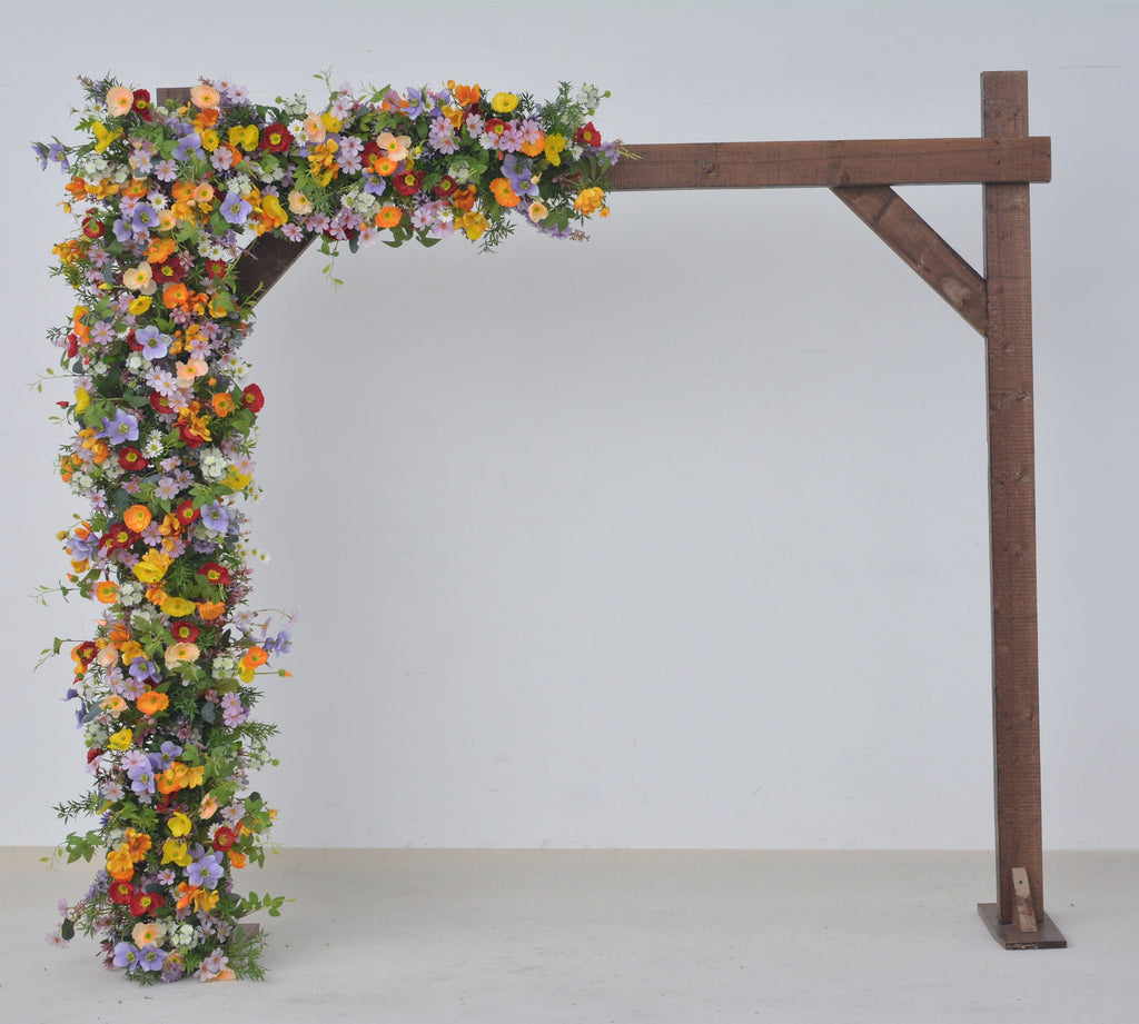 Wildflower Themed Wedding Arch Arrangements in Purple, Orange, Red and Yellow