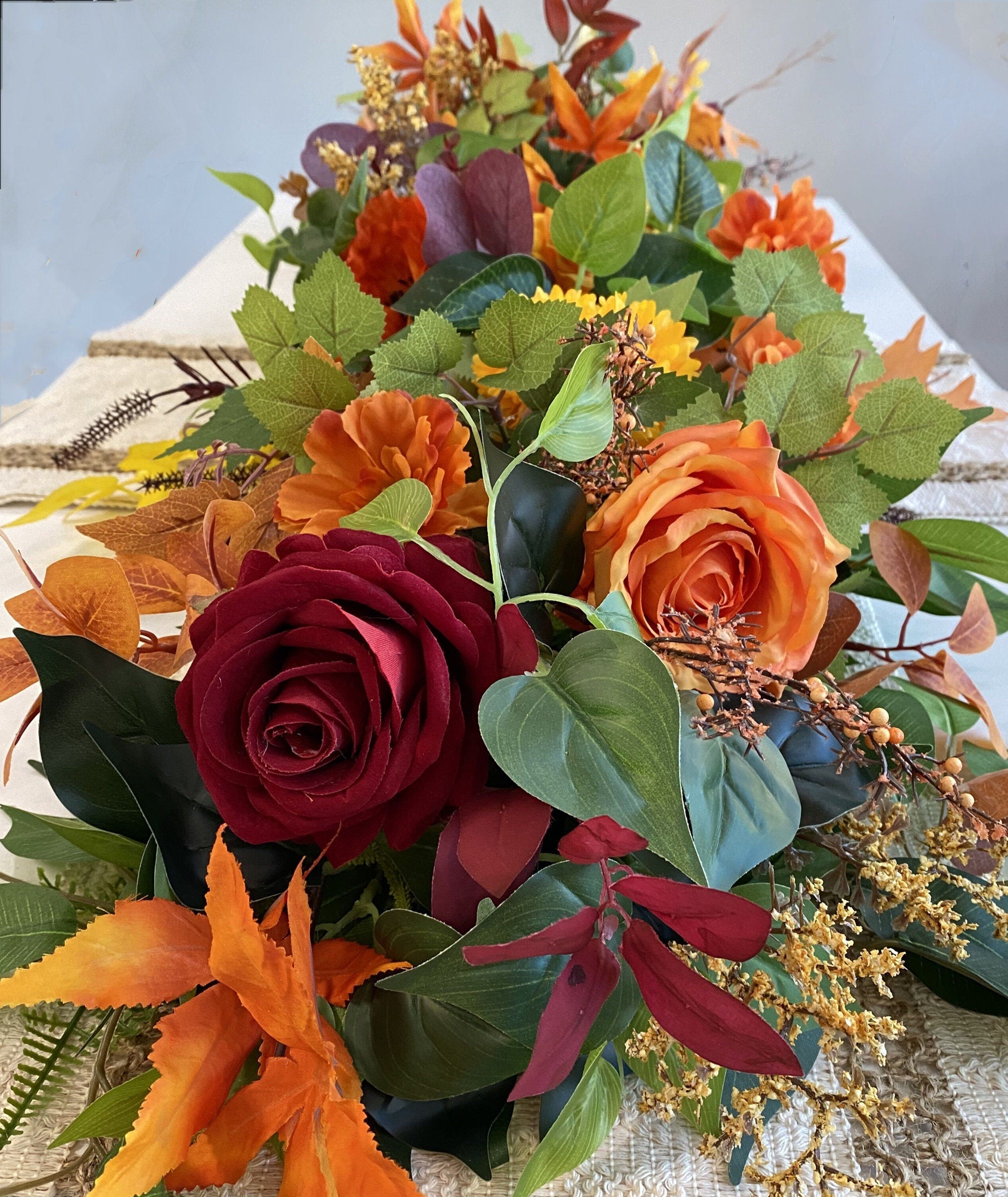Fall Garland: Burgundy, Orange, and Yellow Thanksgiving Table Centerpiece (3.2FT)