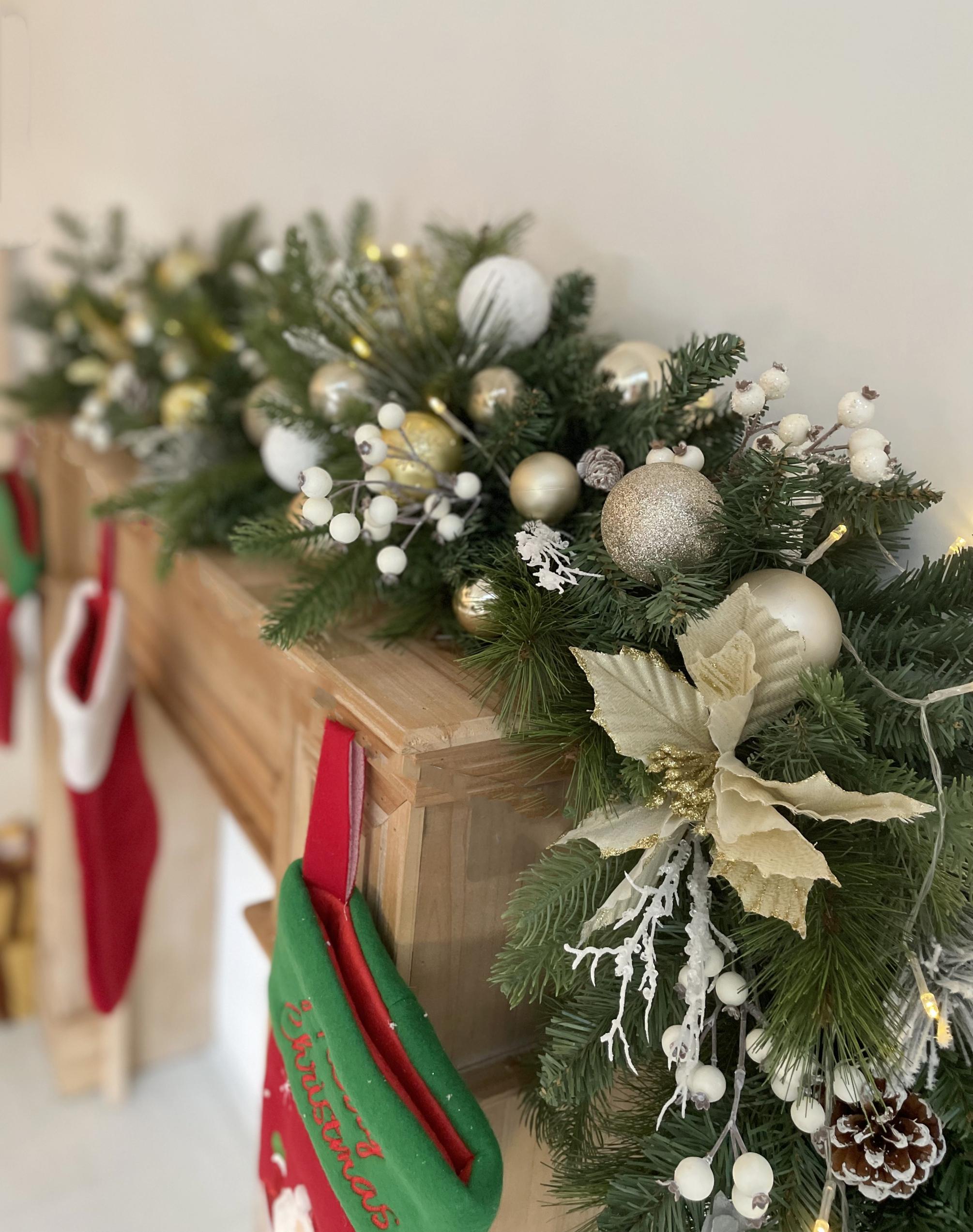 Classic 6ft Christmas Garland with Pine Cones, Ornaments, and Frosted Greenery Perfect for Fireplace Mantel Decoration