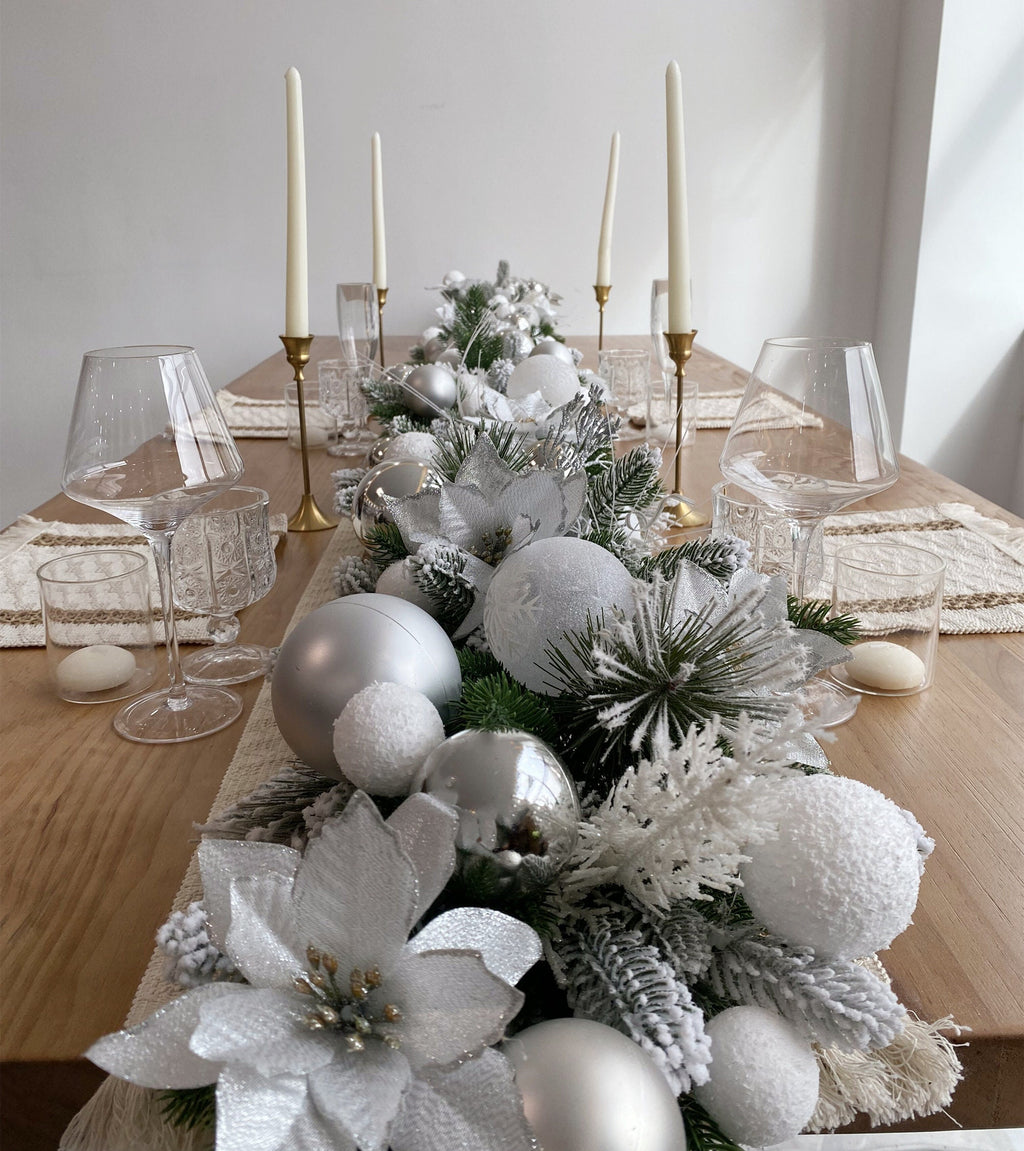 9FT Frosted Christmas Garland with Lights in Silver and White with Poinsettias,Snow Balls,Silver Balls and Leaves,Grass