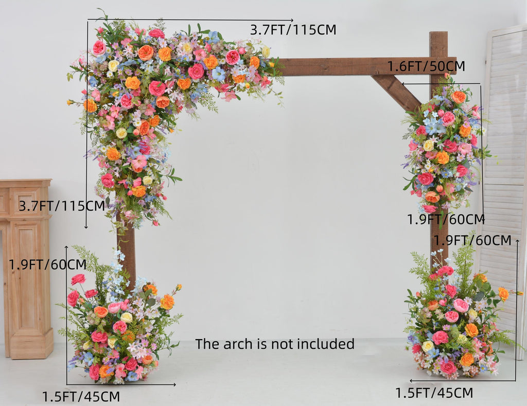 Arch Wildflowers Floral Arrangement with Hot Pink, Light Blue, Orange, and Pale Purple
