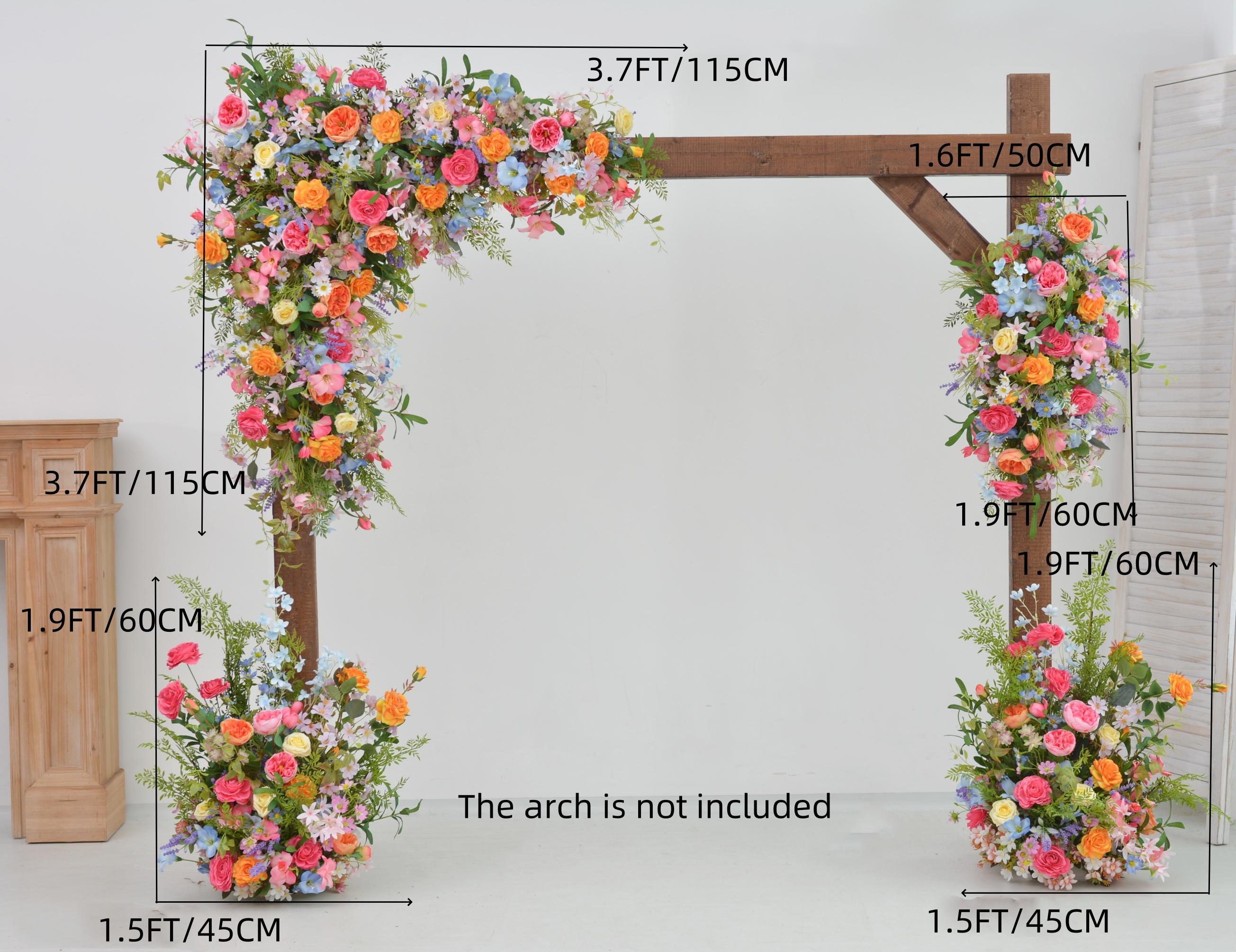 Arch Wildflowers Floral Arrangement with Hot Pink, Light Blue, Orange, and Pale Purple