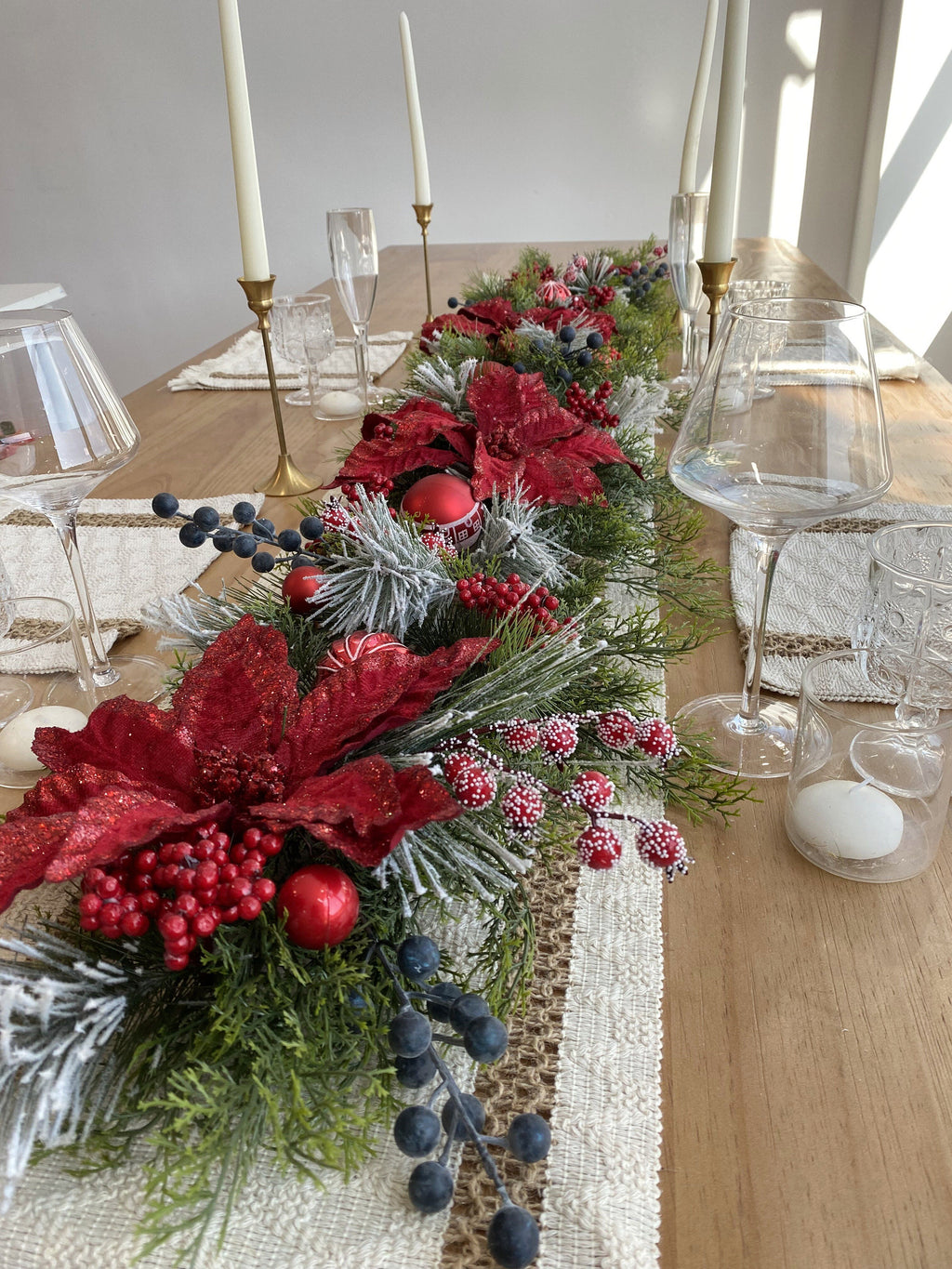 6.5FT Snow-Kissed Christmas Garland with Red Poinsettias, Red Balls, and Berries.