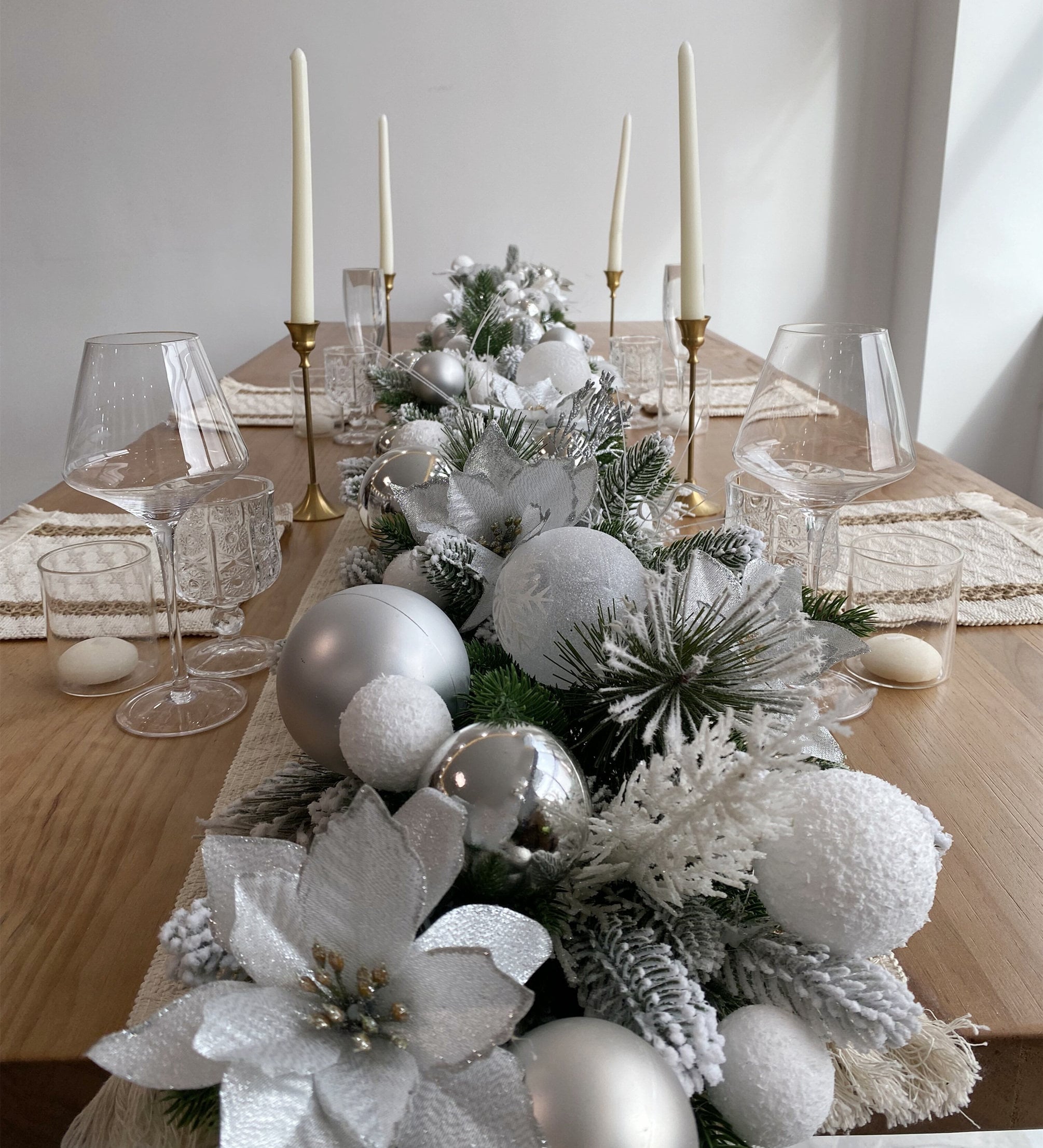 9FT Frosted Christmas Garland with Lights in Silver and White with Poinsettias,Snow Balls,Silver Balls and Leaves,Grass