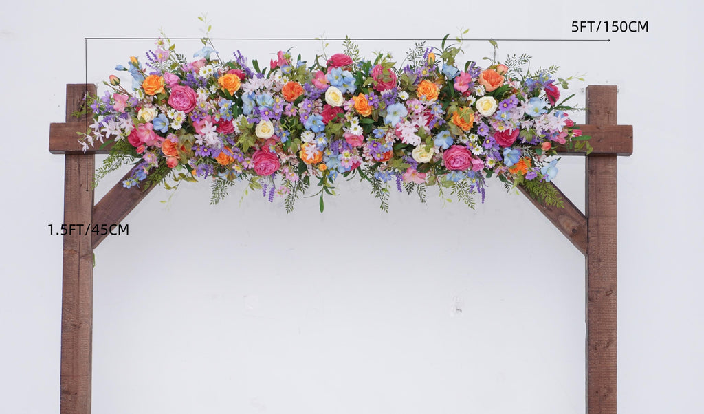 Arch Wildflowers Floral Arrangement with Hot Pink, Light Blue, Orange, and Pale Purple