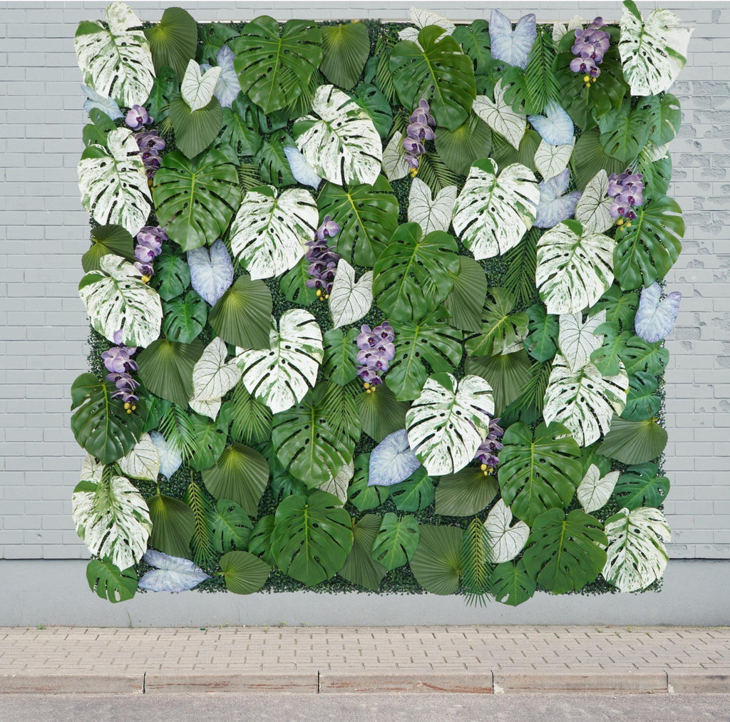 Faux Tropical Leaf Plant Wall: Purple Accents, Wedding Backdrop