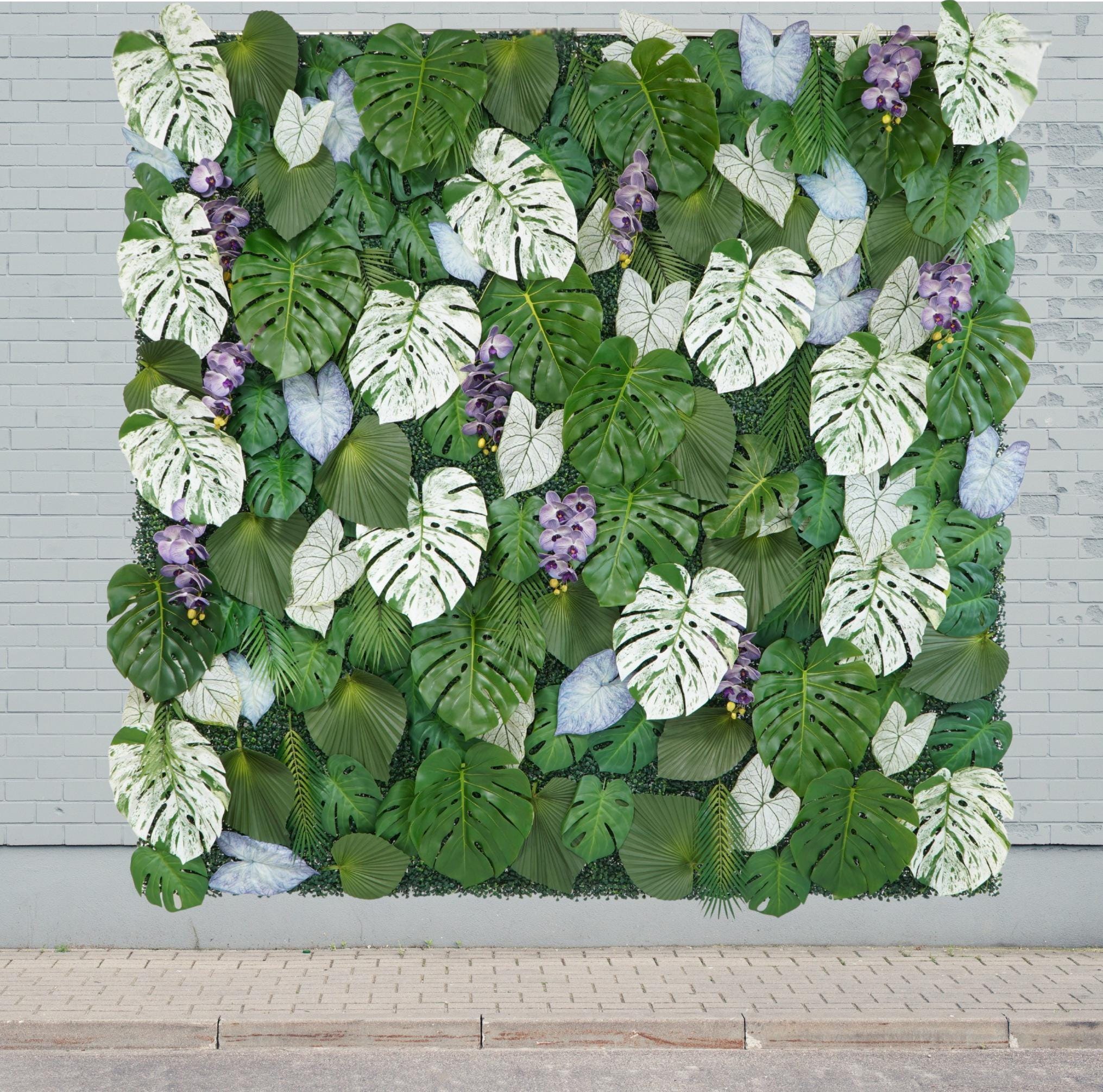 Faux Tropical Leaf Plant Wall: Purple Accents, Wedding Backdrop