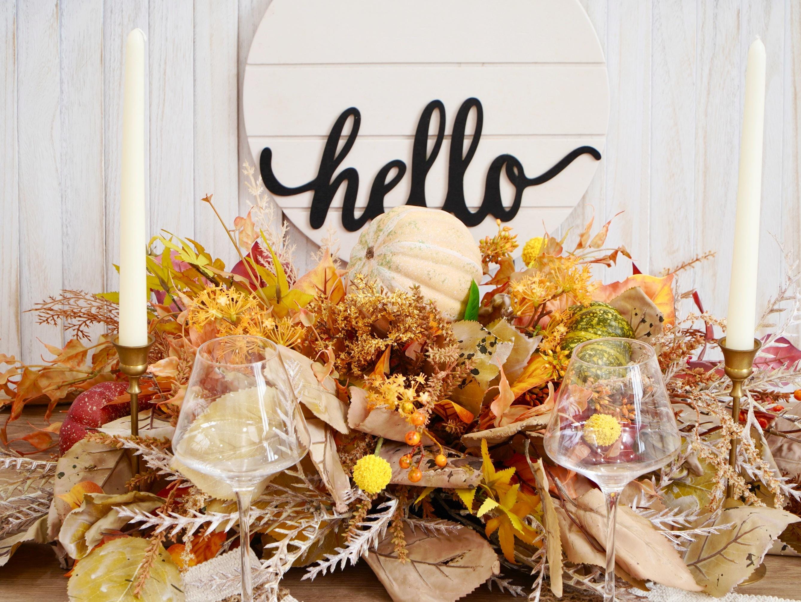 Autumn Harvest Pumpkin Centerpiece – Faux Fall Floral Table Garland with Gourds, Leaves & Rustic Accents