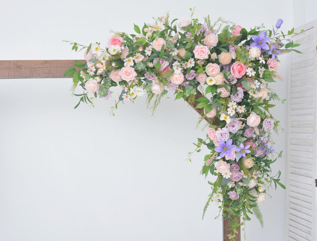 Artificial Wedding Arch Arrangements with Flowers in Shades of Pink, Purple and Champagne