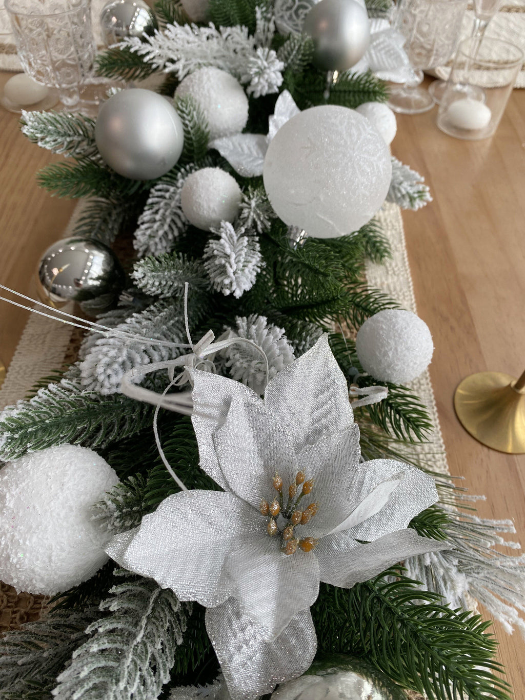 9FT Frosted Christmas Garland with Lights in Silver and White with Poinsettias,Snow Balls,Silver Balls and Leaves,Grass