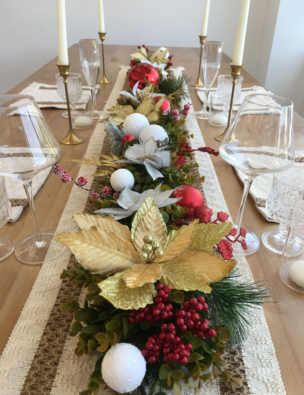 6FT Christmas Garland with Gold Poinsettias, Red Balls, Snow Balls, and Berries